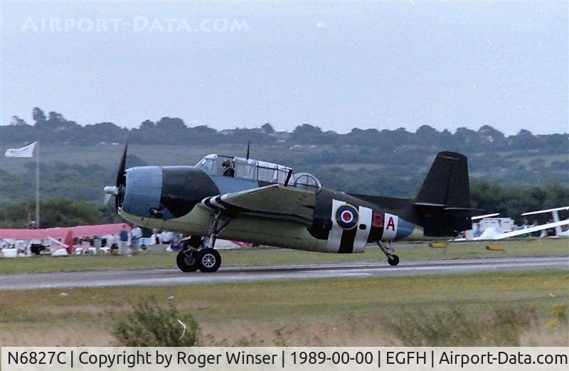 N6827C, 1944 Grumman TBM-3E Avenger C/N 4015, General Motors built Avenger representing an Avenger 11 of 855 NAS coded (5)BA. Displayed at the Swansea Airport Airshow in 1989.