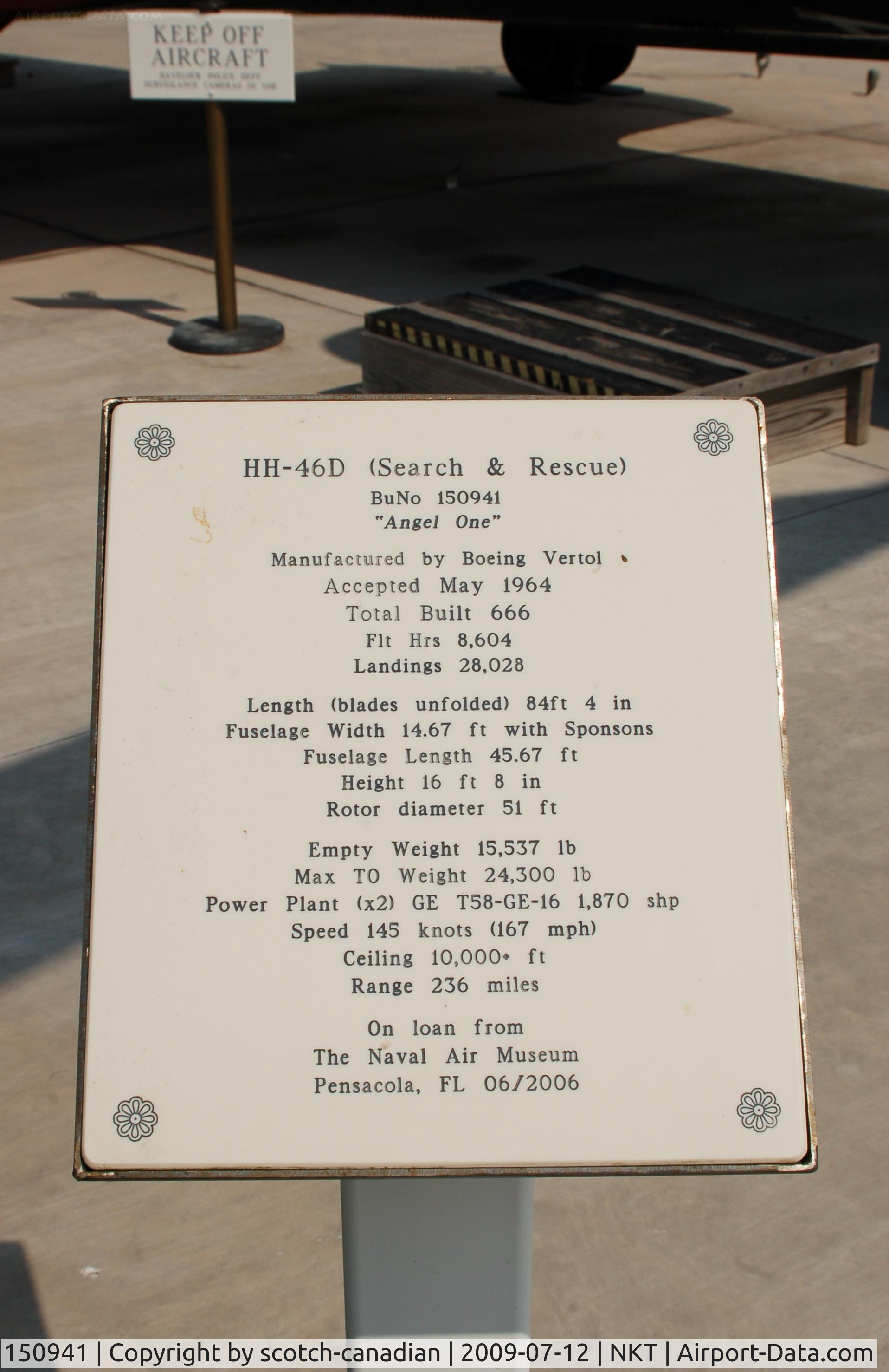 150941, 1964 Boeing Vertol HH-46D Sea Knight C/N 2024, 1964 Boeing Vertol HH-46D Sea Knight Helicopter Information Plaque at the Havelock Tourist & Event Center, Havelock, NC