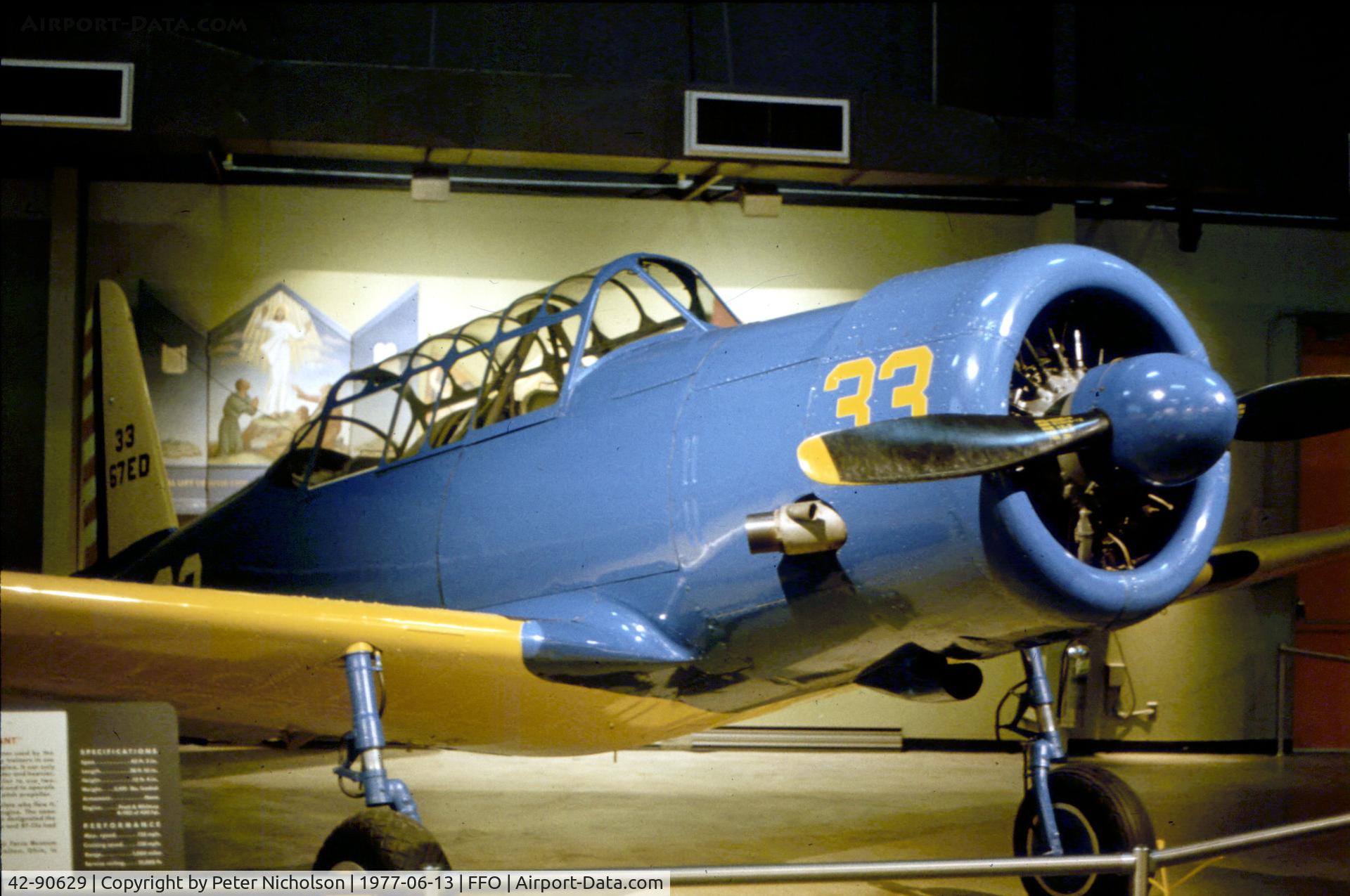 42-90629, 1942 Vultee BT-13B Valiant C/N 79-1706, BT-13B Valiant as displayed at the USAF Museum in the Summer of 1977.