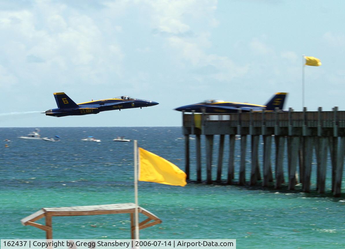 162437, McDonnell Douglas F/A-18A Hornet C/N 0281, Here's where the opposing solos meet at the Pensacola Beach Pier.  Great show if you can stand the heat and humidity.