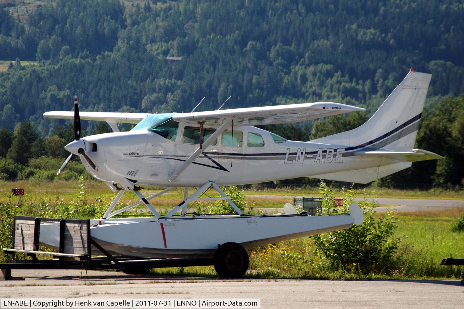 LN-ABE, 1977 Cessna U206G 6 II Stationair C/N U20604218, Cessna U206 Stationair floatplane parked on the platform of Notodden airfield, Norway.