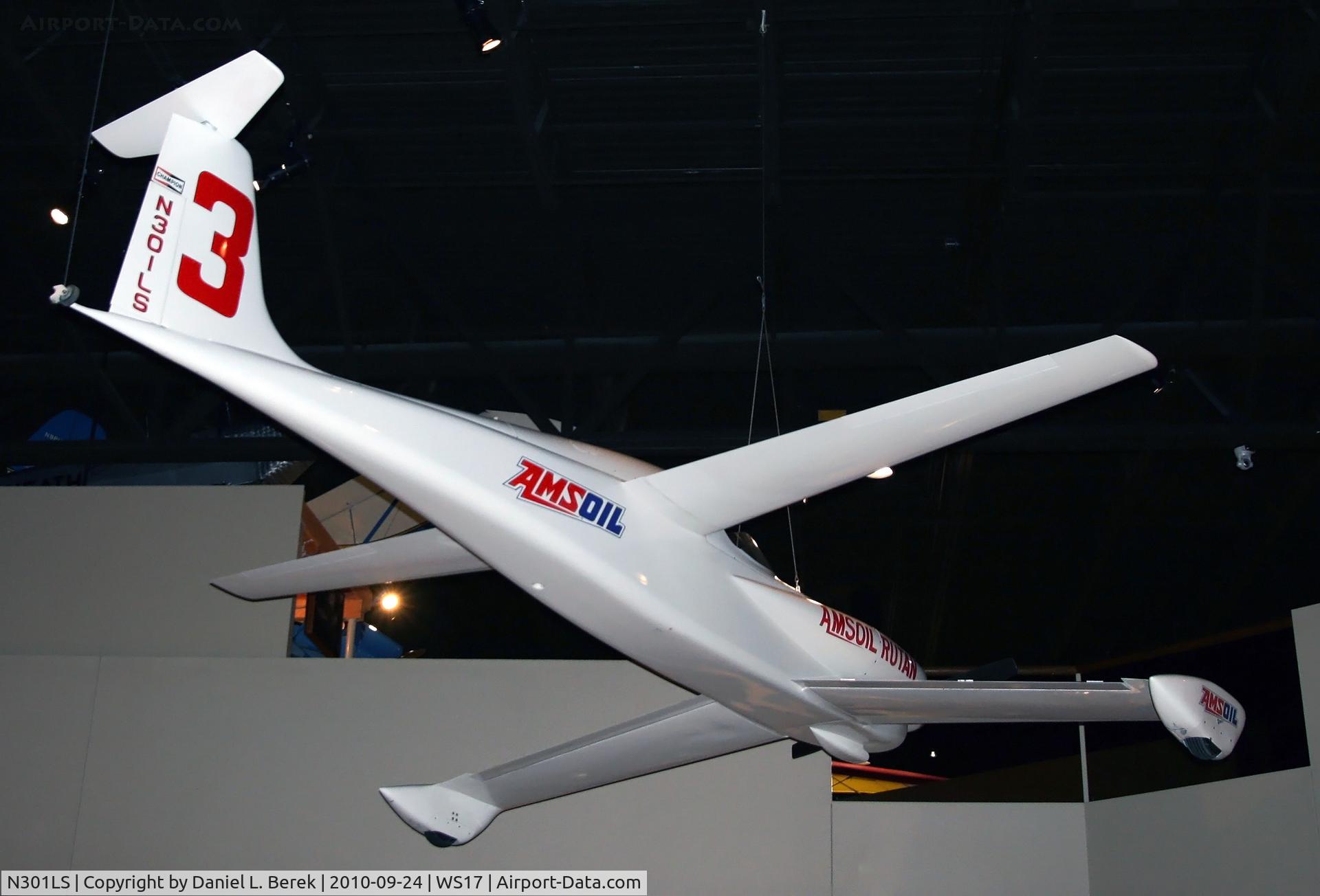 N301LS, 1981 Rutan 68 Amsoil Racer C/N 1, Built in 1981 for the Reno Air Races, this aircraft was destroyed in a crash in 1983.  Pilot Dan Mortenson was uninjured.  The remains were glued together and the relic put on display.