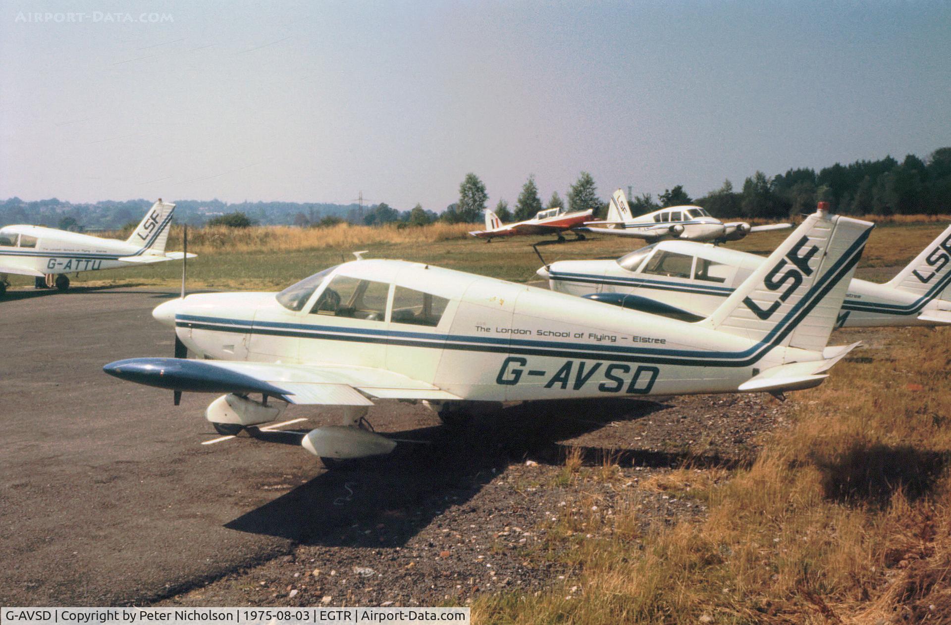 G-AVSD, 1967 Piper PA-28-180 Cherokee C/N 28-4195, PA-28-180 of the London School of Flying at Elstree in the Summer of 1975.