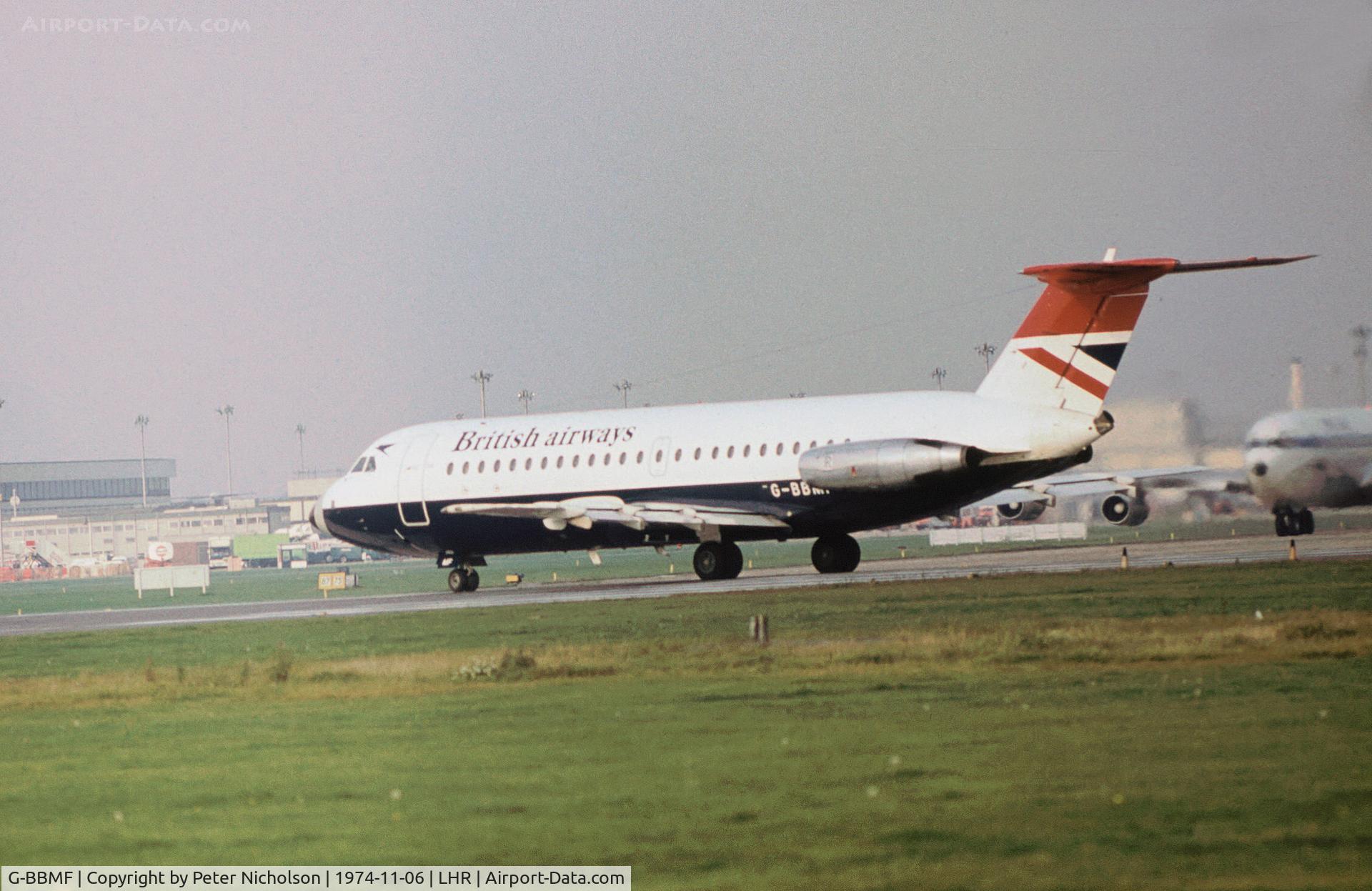 G-BBMF, 1966 BAC 111-401AK One-Eleven C/N BAC.074, One Eleven 401 of British Airways preparing for take-off on Runway 27L at Heathrow in November 1974.