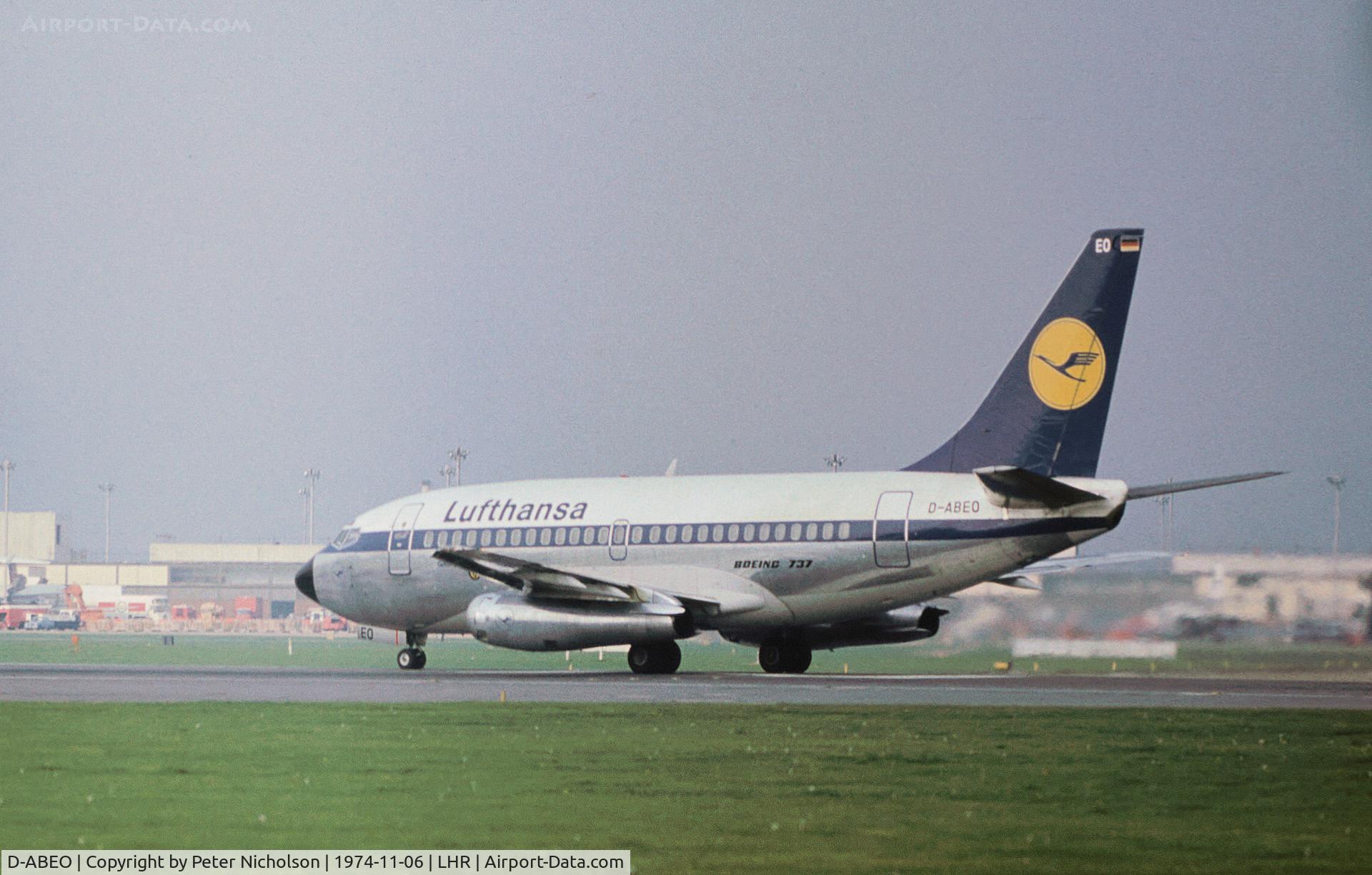 D-ABEO, 1968 Boeing 737-130 C/N 19025, Boeing 737-130 named Gottingen of Lufthansa preparing for take-off on Runway 27L at Heathrow in November 1974.