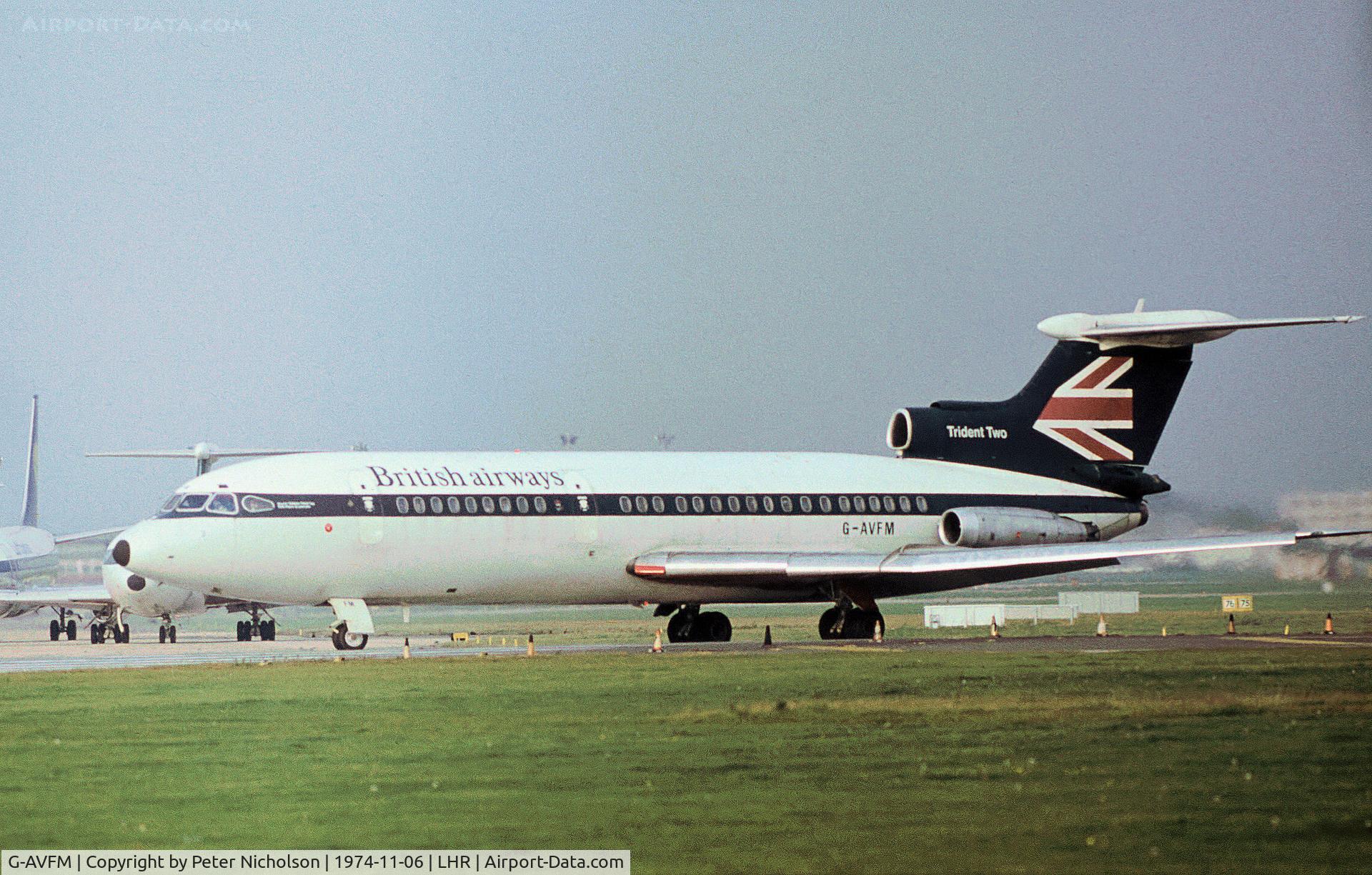 G-AVFM, 1969 Hawker Siddeley HS-121 Trident 2E C/N 2152, Trident Two of British Airways joining Runway 27L at Heathrow in November 1974.