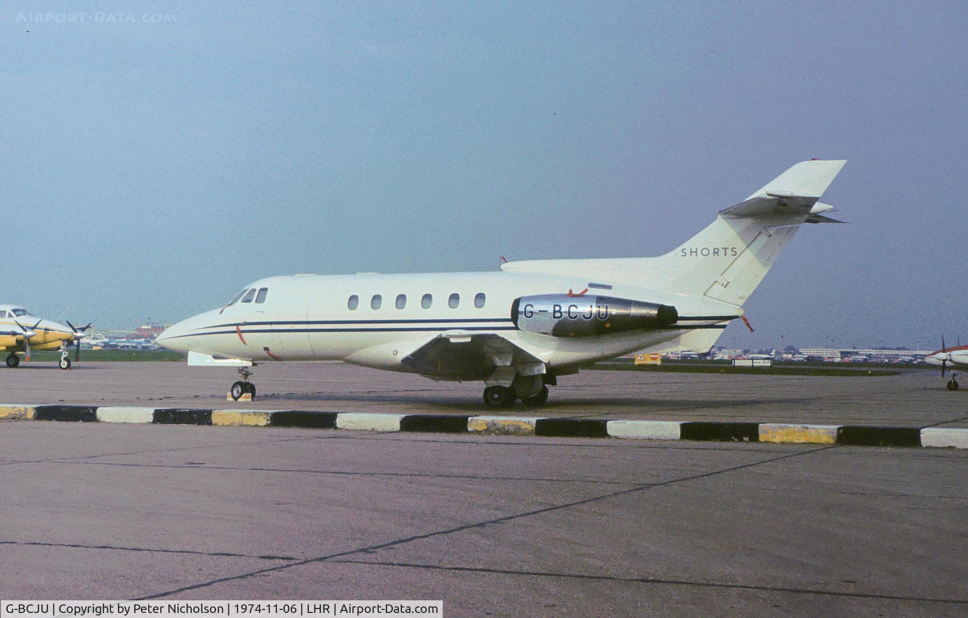 G-BCJU, 1974 Hawker Siddeley HS.125 Series 600B C/N 256041, HS.125 Series 600 operated by Shorts of Belfast parked at Heathrow in November 1974.