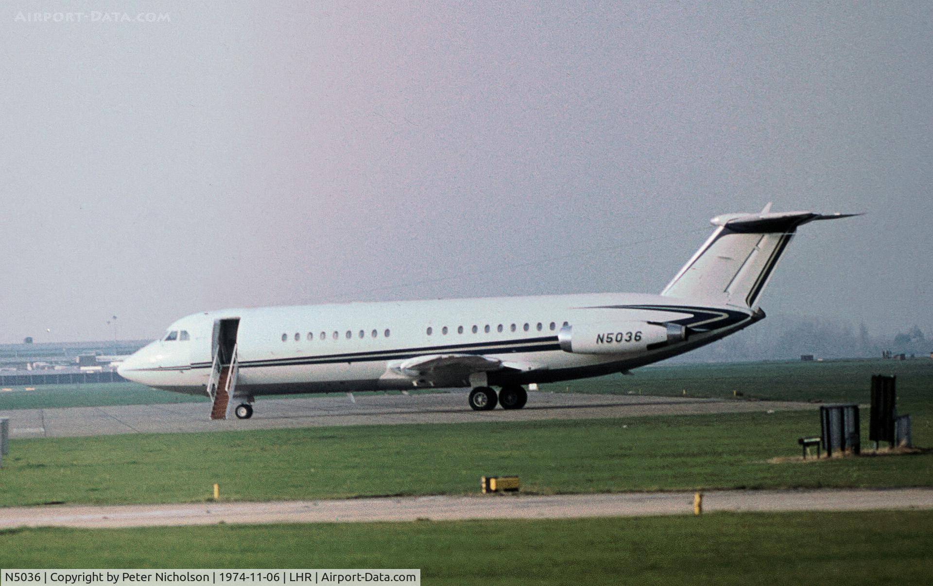 N5036, 1966 BAC 111-401AK One-Eleven C/N BAC.078, One Eleven 401AK in executive configuation parked at Heathrow in November 1974.