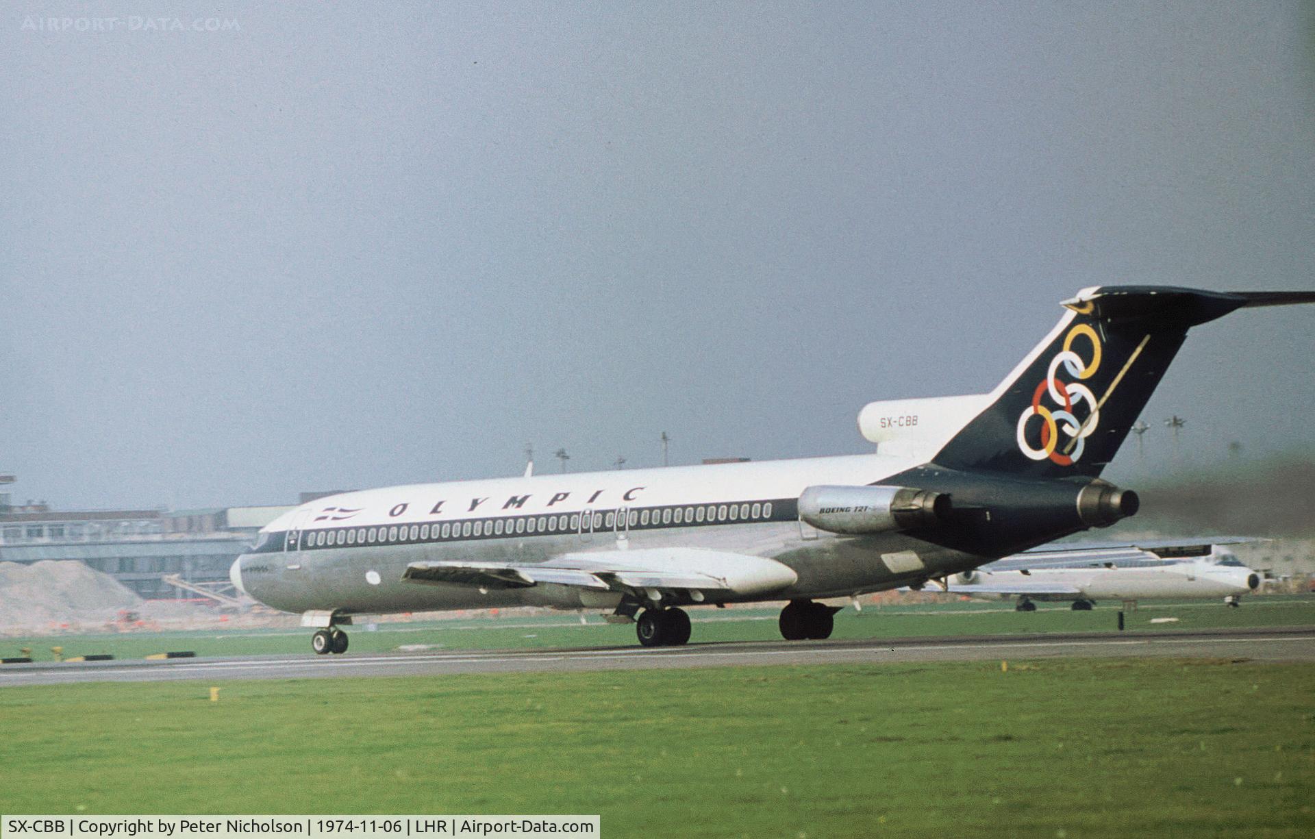 SX-CBB, 1968 Boeing 727-284 C/N 20004, Boeing 727-284 of Olympic Airways named Mt. Pindos preparing for take-off on RFunway 27L at Heathrow in November 1974.