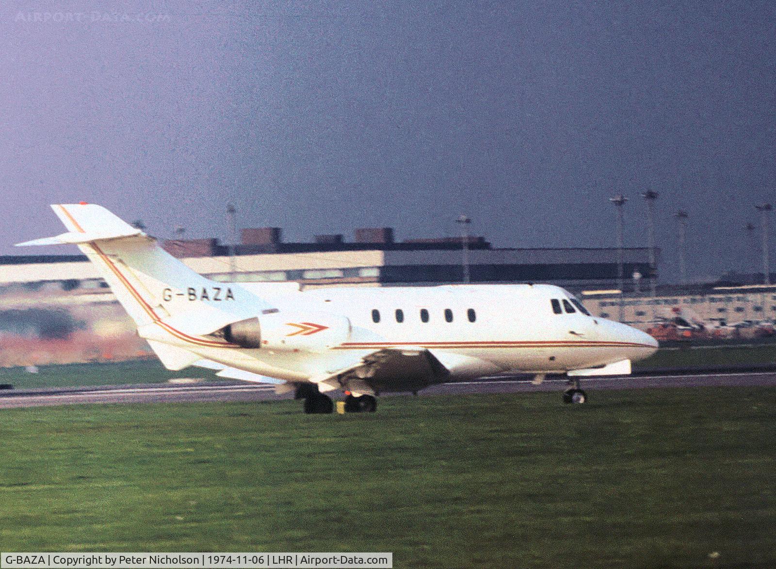 G-BAZA, 1973 Hawker Siddeley HS.125 Series F400B C/N 25272, HS.125 Series 400 taxying at Heathrow in November 1974.