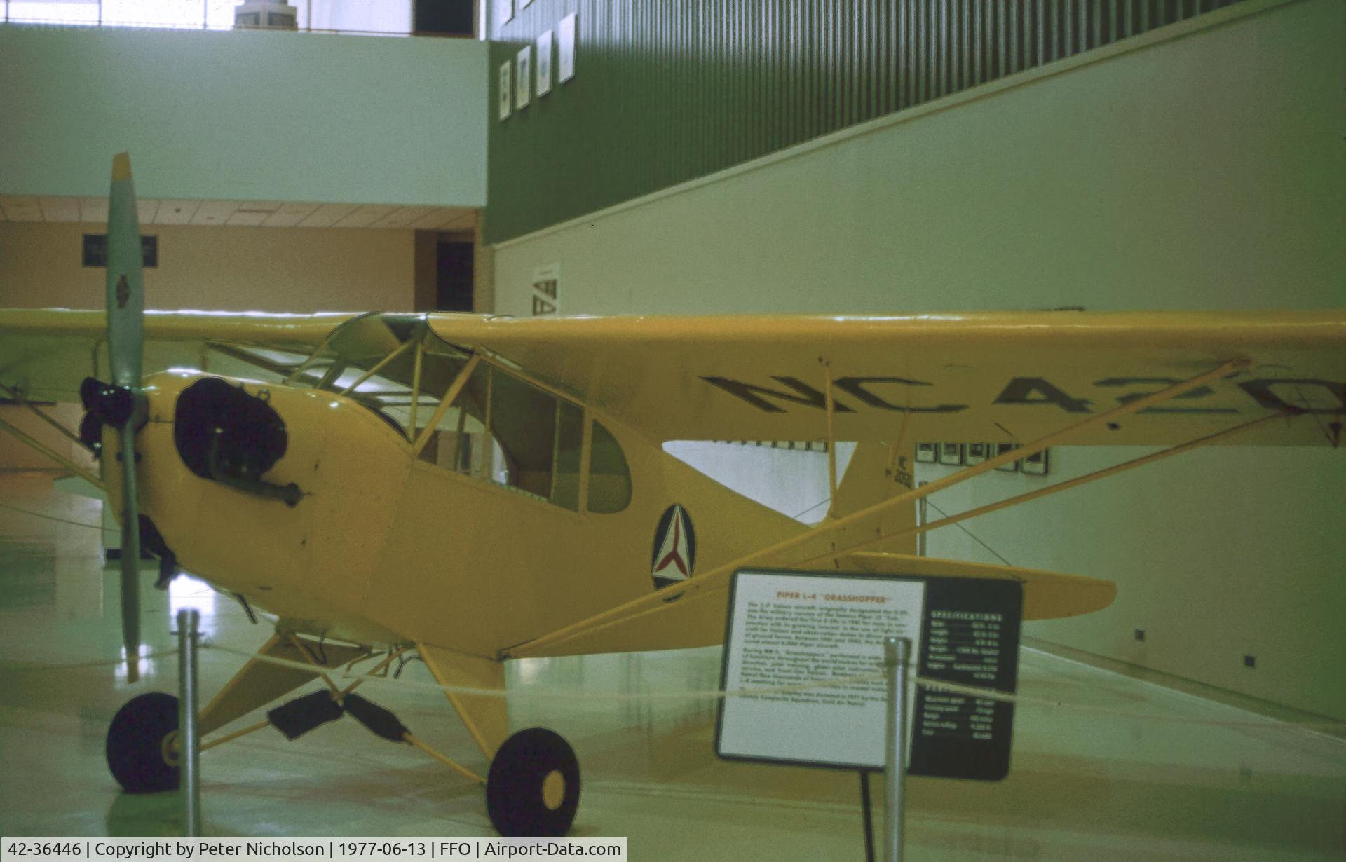 42-36446, 1943 Piper L-4A Grasshopper (O-59A / J3C-65) C/N 8570, L-4A in Civil Air Patrol markings as NC42050 on display at the USAF Museum at Wright-Paterson AFB in the Summer of 1977.