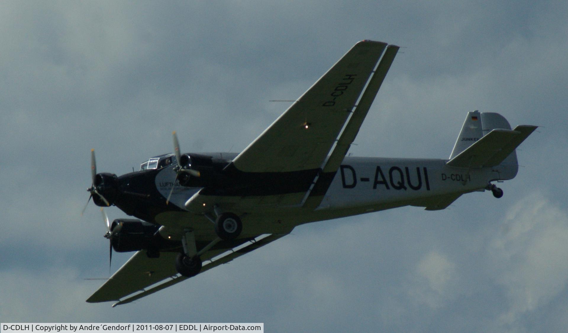 D-CDLH, 1936 Junkers Ju-52/3m C/N 130714, D-CDLH with the traditional D-AQUI registration overflies the Düsseldorf Int´l Airport (DUS / EDDL)