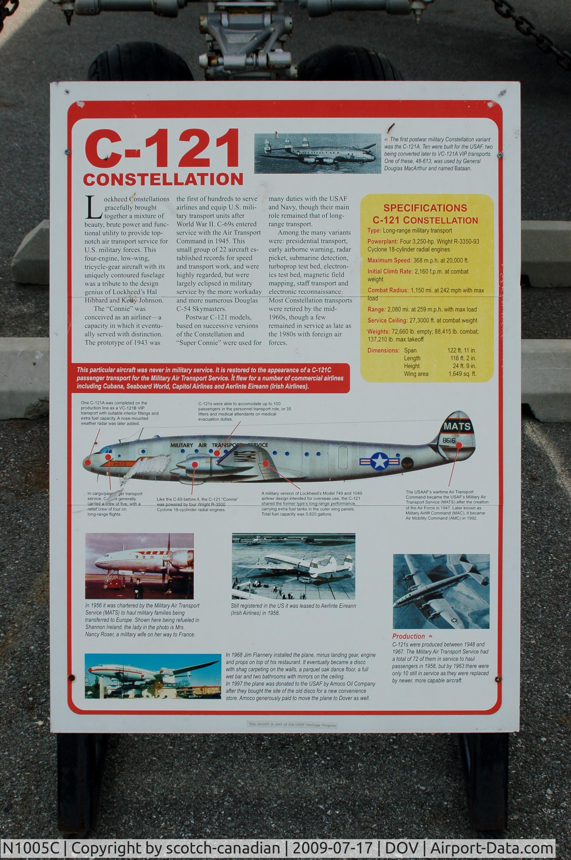 N1005C, 1955 Lockheed L-1049E/01 Super Constellation C/N 4557, Information Plaque for the 1955 Lockheed 1049E/01-55 at the Air Mobility Command Museum, Dover AFB, DE