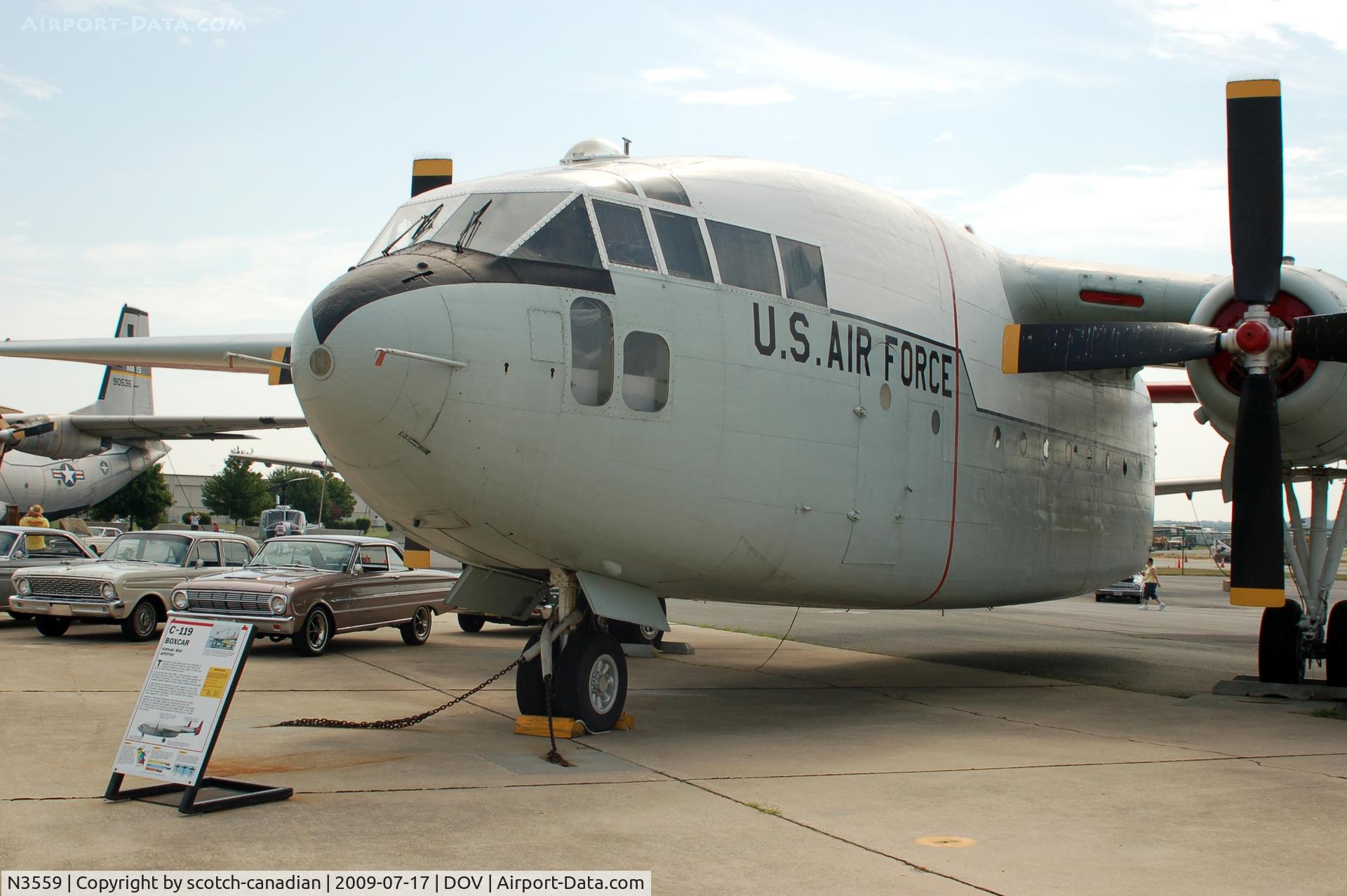 N3559, 1953 Fairchild C-119G Flying Boxcar C/N 10870, 1953 Fairchild C-119G-3E Flying Boxcar and Ford Falcons at the Air Mobility Command Museum, Dover AFB, DE