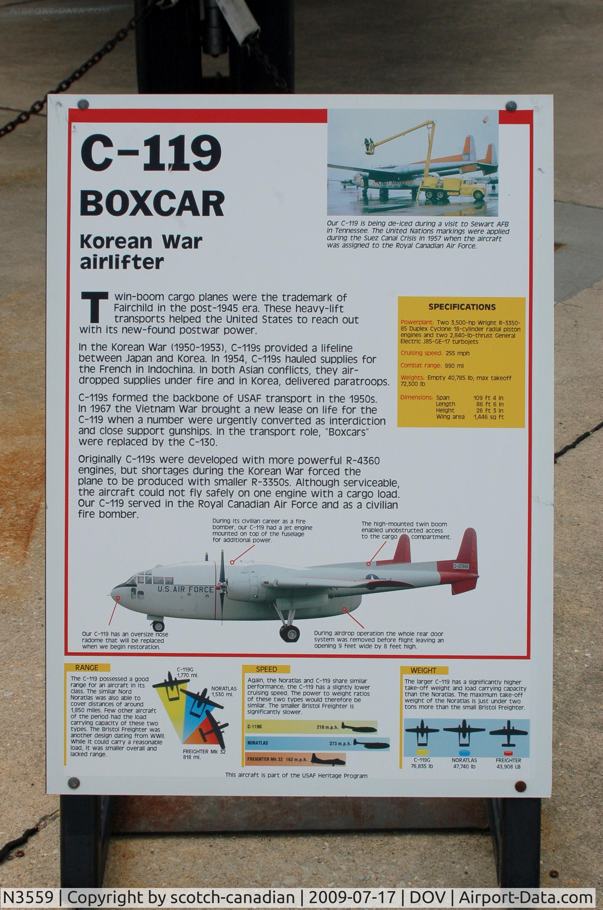 N3559, 1953 Fairchild C-119G Flying Boxcar C/N 10870, Information Plaque for the 1953 Fairchild C-119G-3E Flying Boxcar at the Air Mobility Command Museum, Dover AFB, DE
