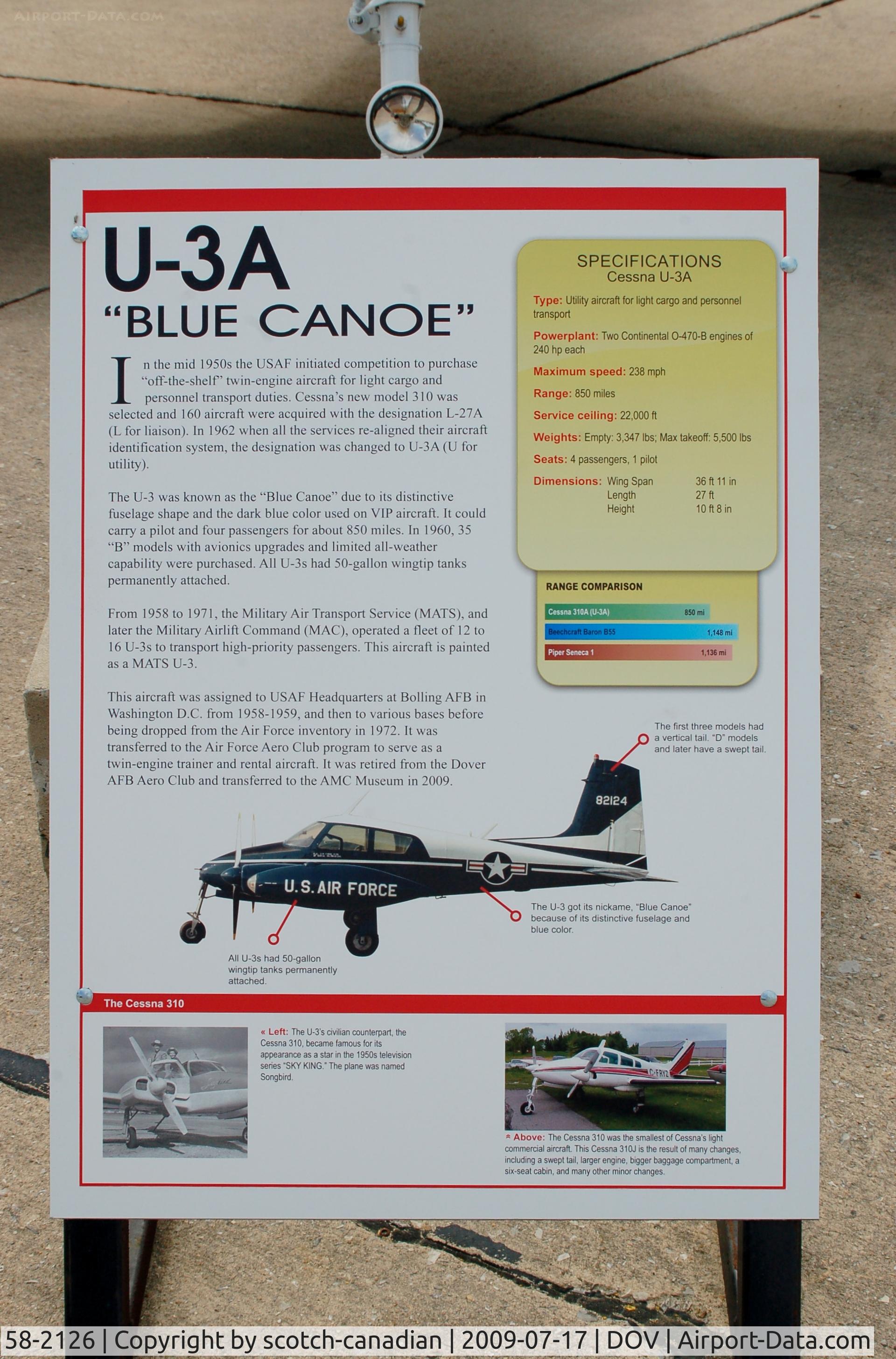 58-2126, 1958 Cessna U-3A Blue Canoe (310A) C/N 38100, Information Plaque for the 1958 Cessna U-3A 