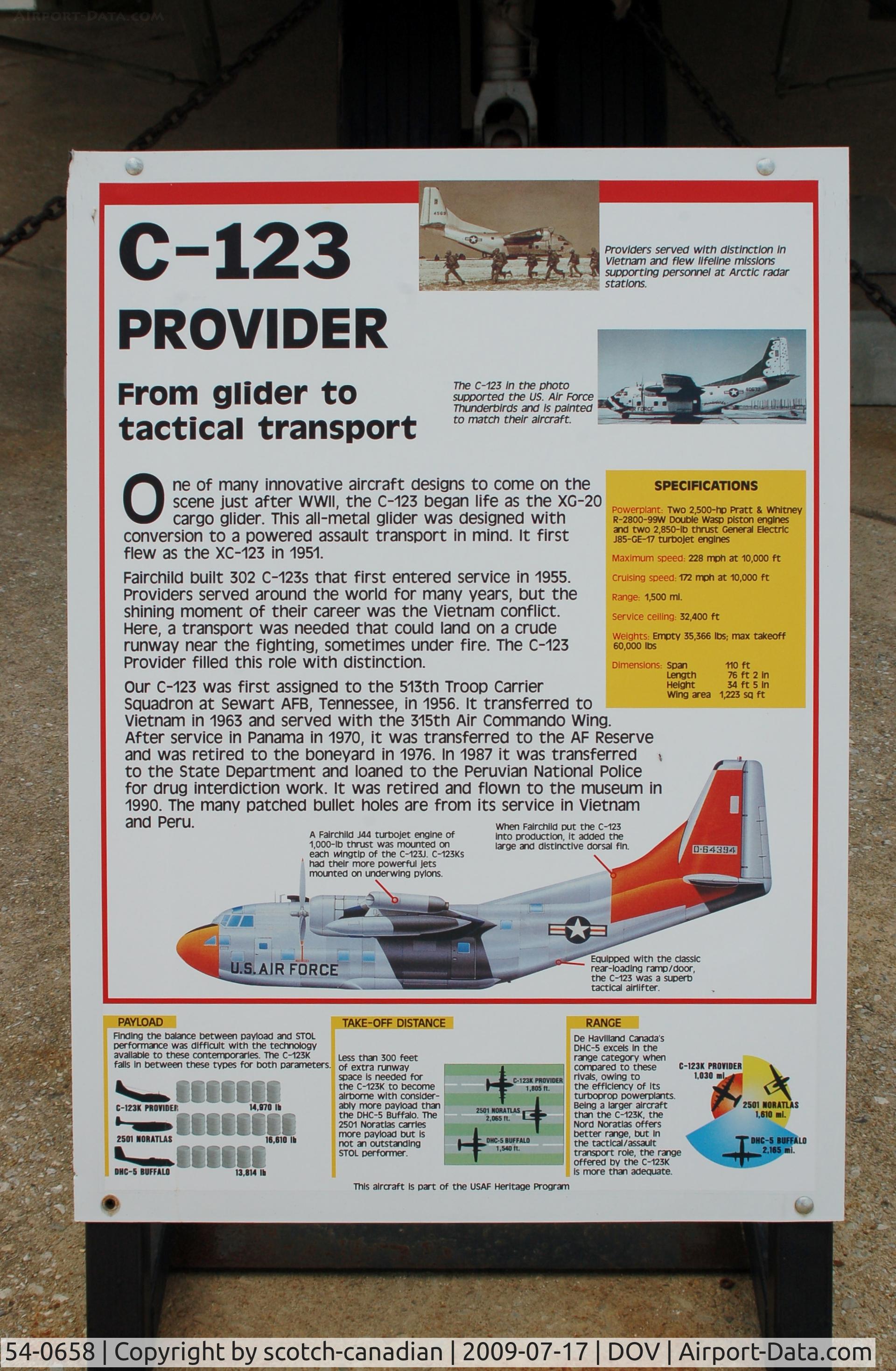 54-0658, 1954 Fairchild C-123K Provider C/N 20107, Information Plaque for the 1954 Fairchild C-123 Provider at the Air Mobility Command Museum, Dover AFB, DE