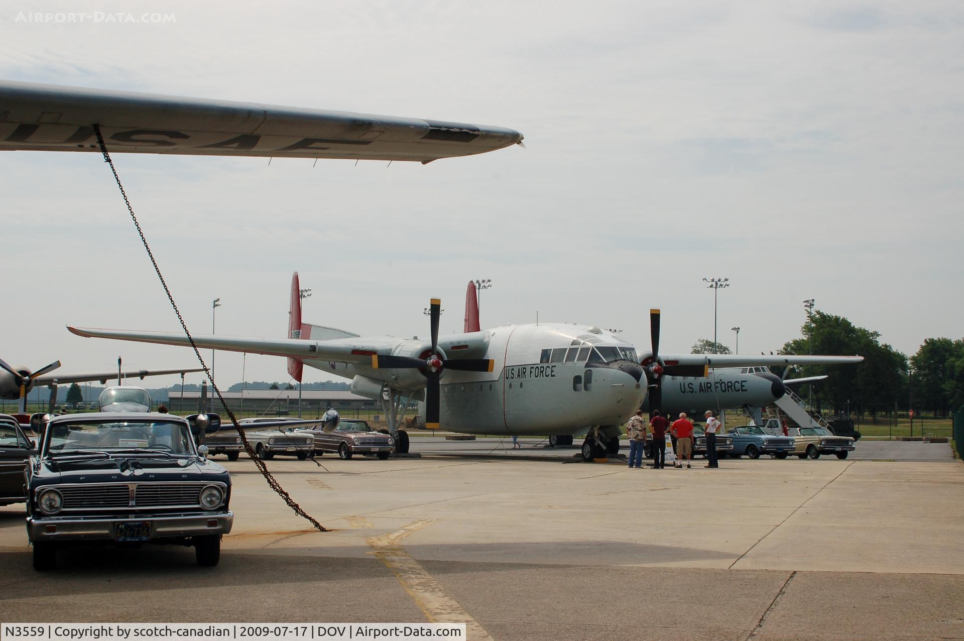 N3559, 1953 Fairchild C-119G Flying Boxcar C/N 10870, 1953 Fairchild C-119G-3E Flying Boxcar and Ford Falcons at the Air Mobility Command Museum, Dover AFB, DE