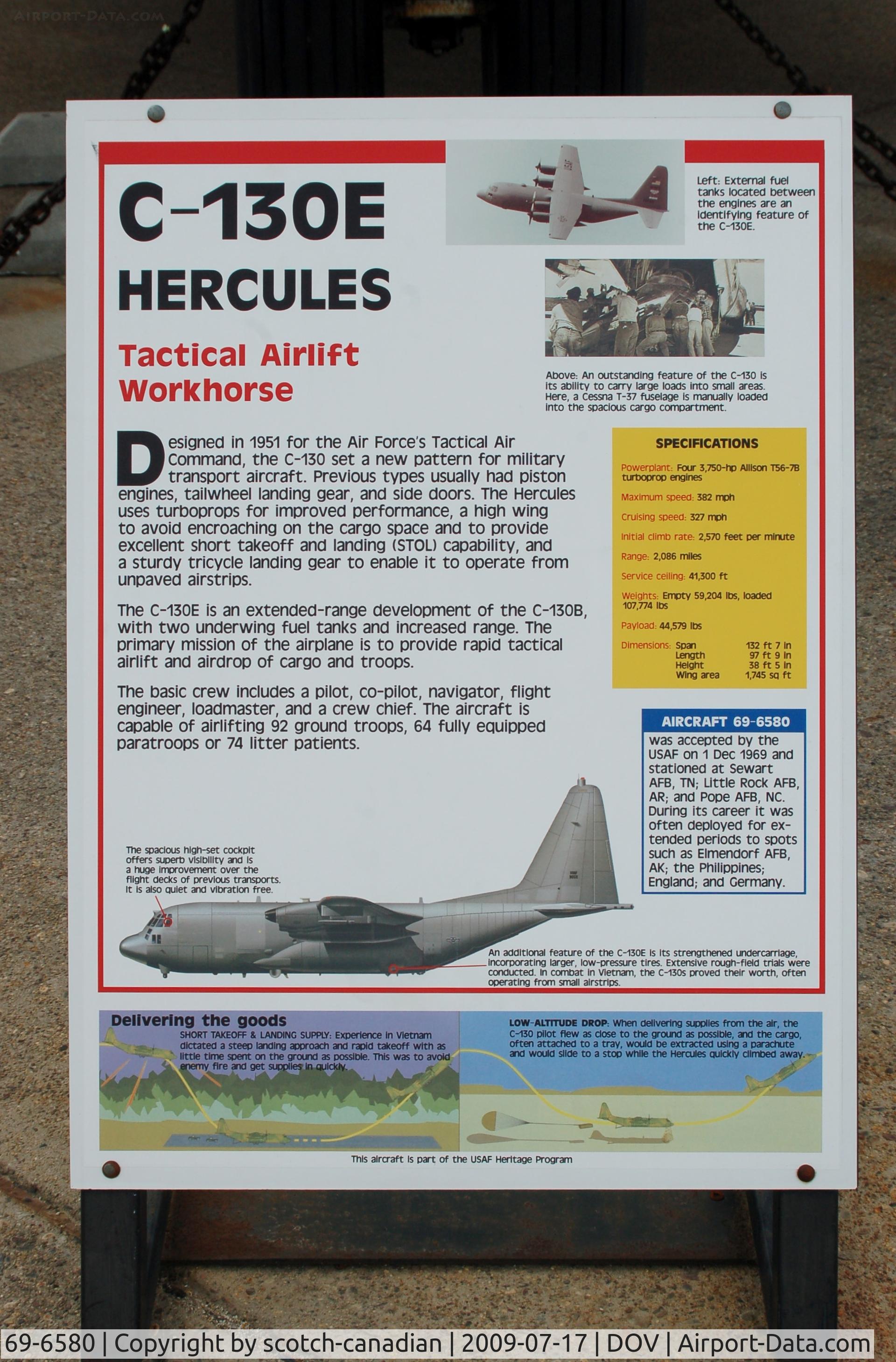 69-6580, 1969 Lockheed C-130E Hercules C/N 382-4356, Information Plaque for the Lockheed C-130E Hercules at the Air Mobility Command Museum, Dover AFB, DE