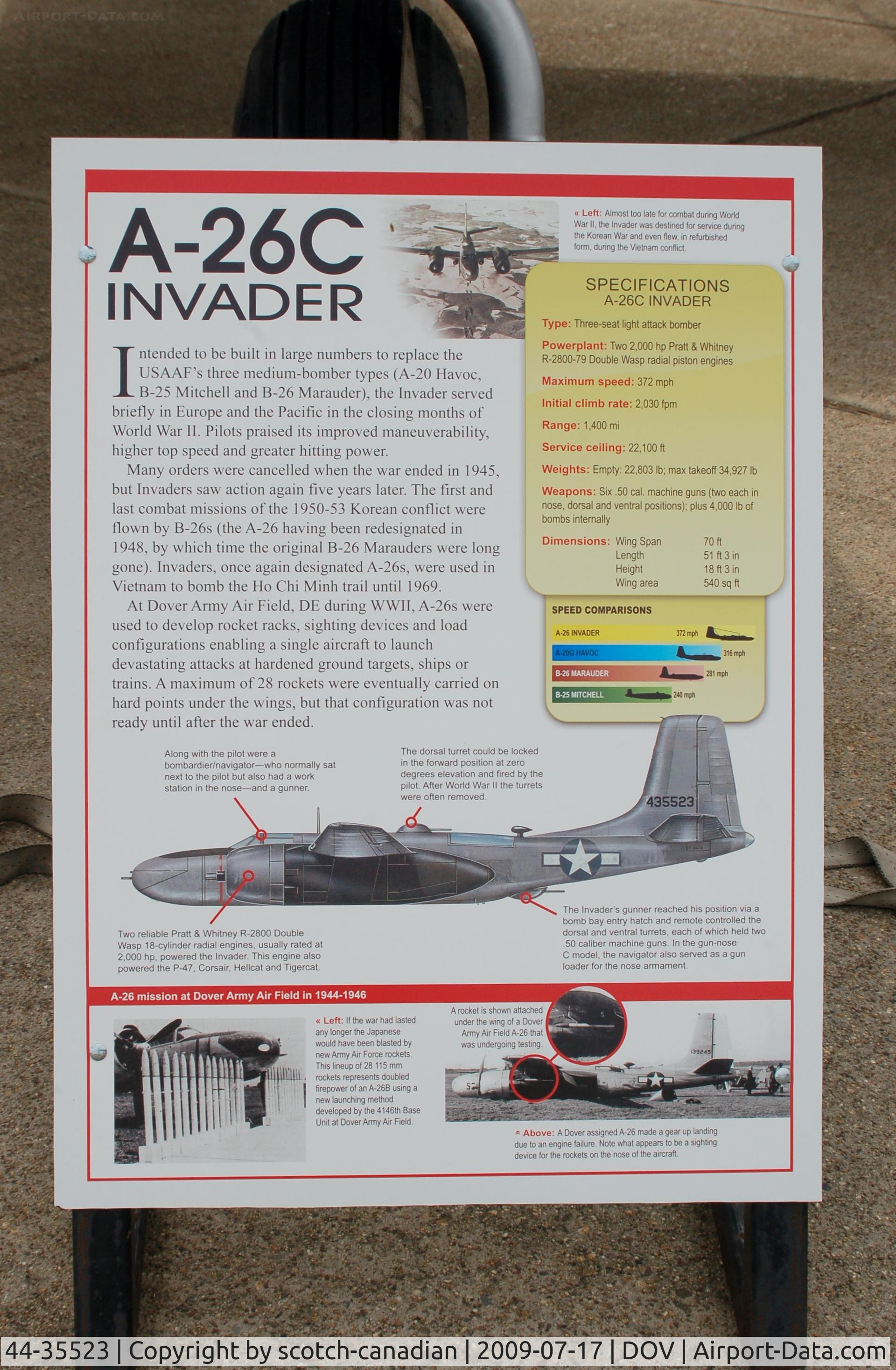 44-35523, 1944 Douglas A-26C Invader C/N 28802, Information Plaque for the 1944 Douglas A-26C Invader at the Air Mobility Command Museum, Dover AFB, DE