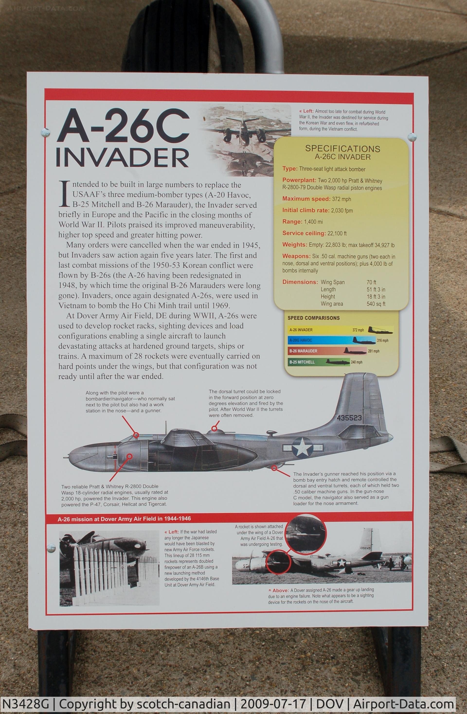 N3428G, 1944 Douglas A-26C C/N 28802, Information Plaque for the 1944 Douglas A-26C Invader at the Air Mobility Command Museum, Dover AFB, DE