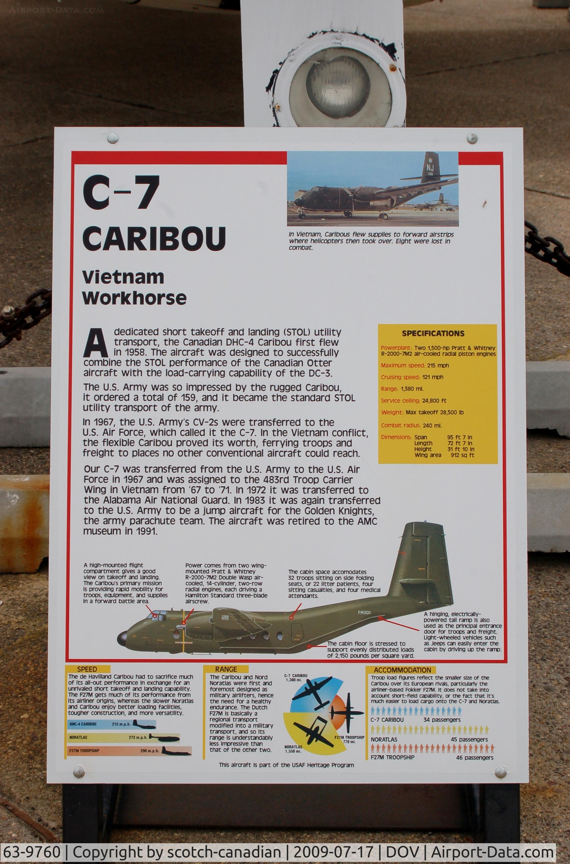 63-9760, 1963 De Havilland Canada C-7B Caribou C/N 224, Information Plaque for the 1963 De Havilland Canada C-7B Caribou at the Air Mobility Command Museum, Dover AFB, DE