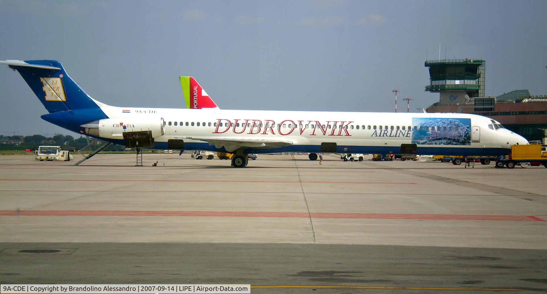 9A-CDE, 1981 McDonnell Douglas MD-82 (DC-9-82) C/N 48066, Having checks and luggage disembarking on parking in Bologna G.Marconi Airport