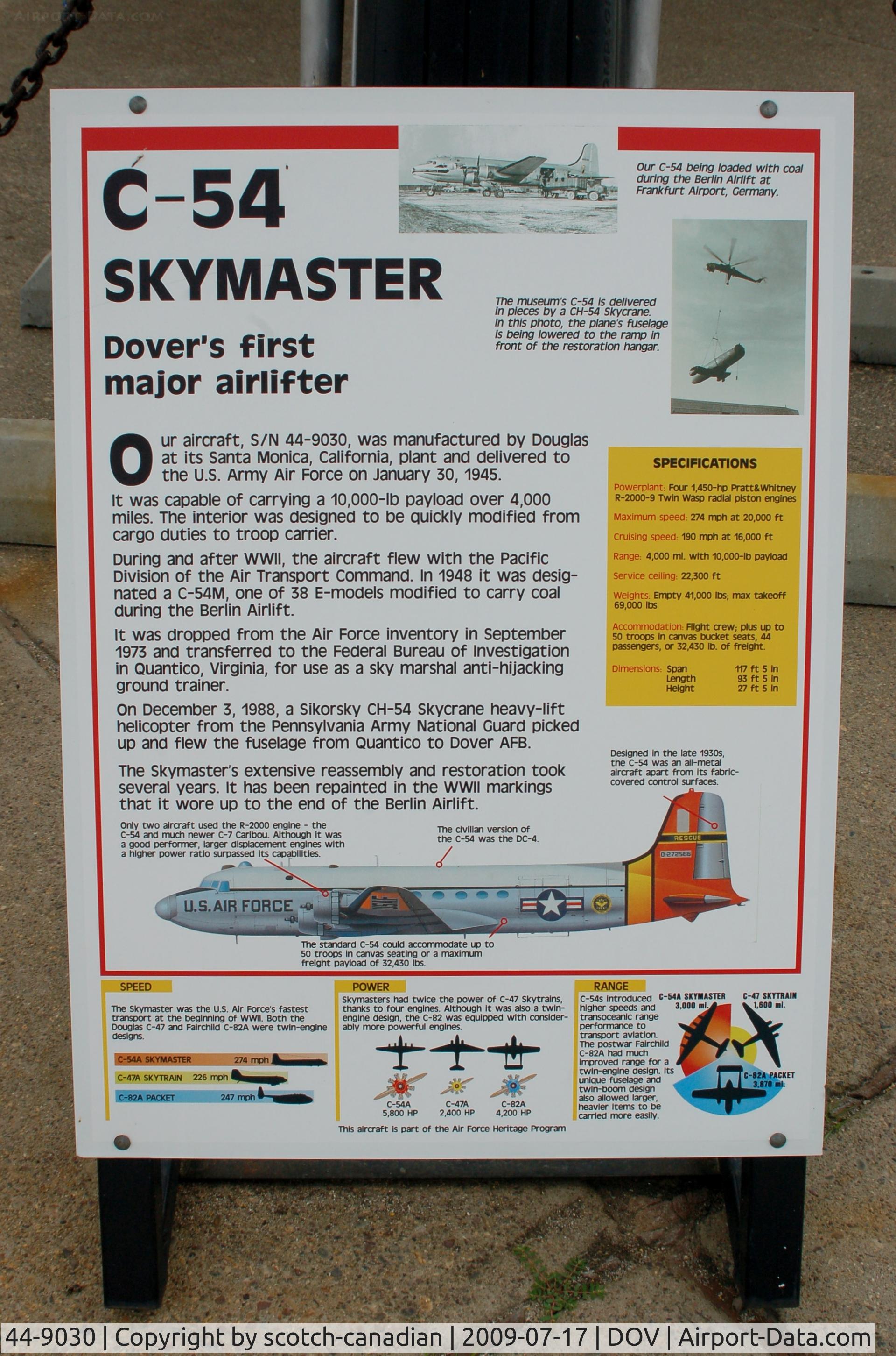 44-9030, 1944 Douglas C-54M C/N 27256, Information Plaque for the 1944 Douglas C-54M Skymaster at the Air Mobility Command Museum, Dover AFB, DE