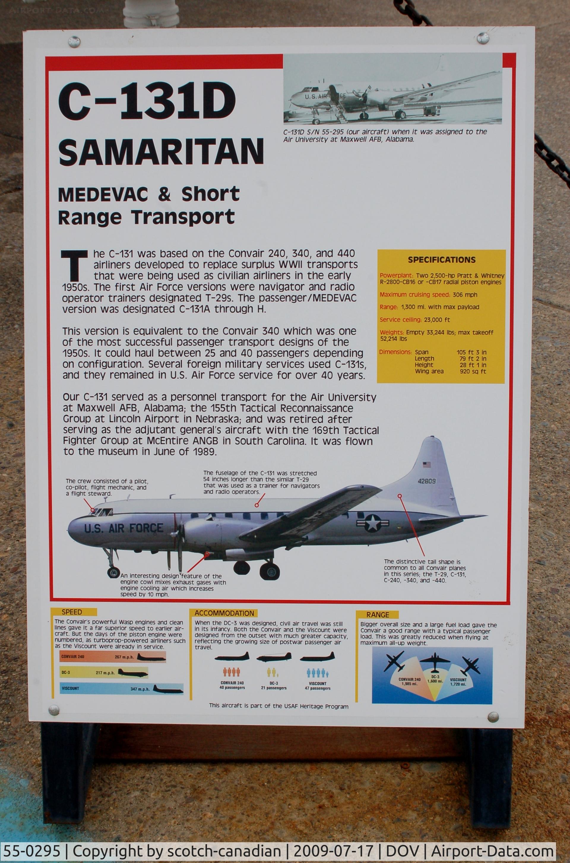 55-0295, 1955 Convair C-131D Samaritan C/N 223, Information Plaque for the 1955 Convair C-131D Samaritan at the Air Mobility Command Museum, Dover AFB, DE