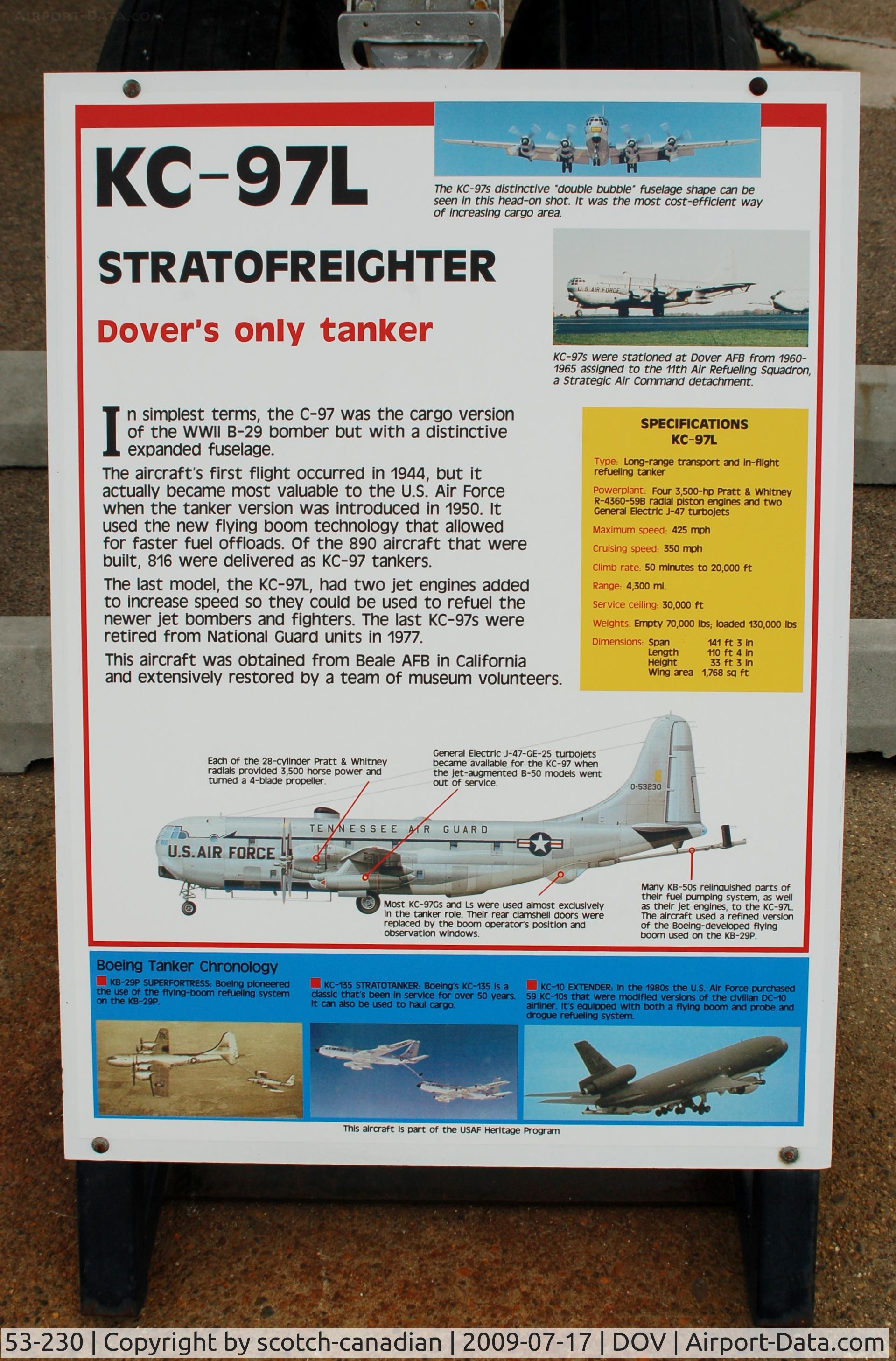 53-230, Boeing KC-97L Stratofreighter C/N 17012, Information Plaque for the Boeing KC-97L Stratotanker at the Air Mobility Command Museum, Dover AFB, DE