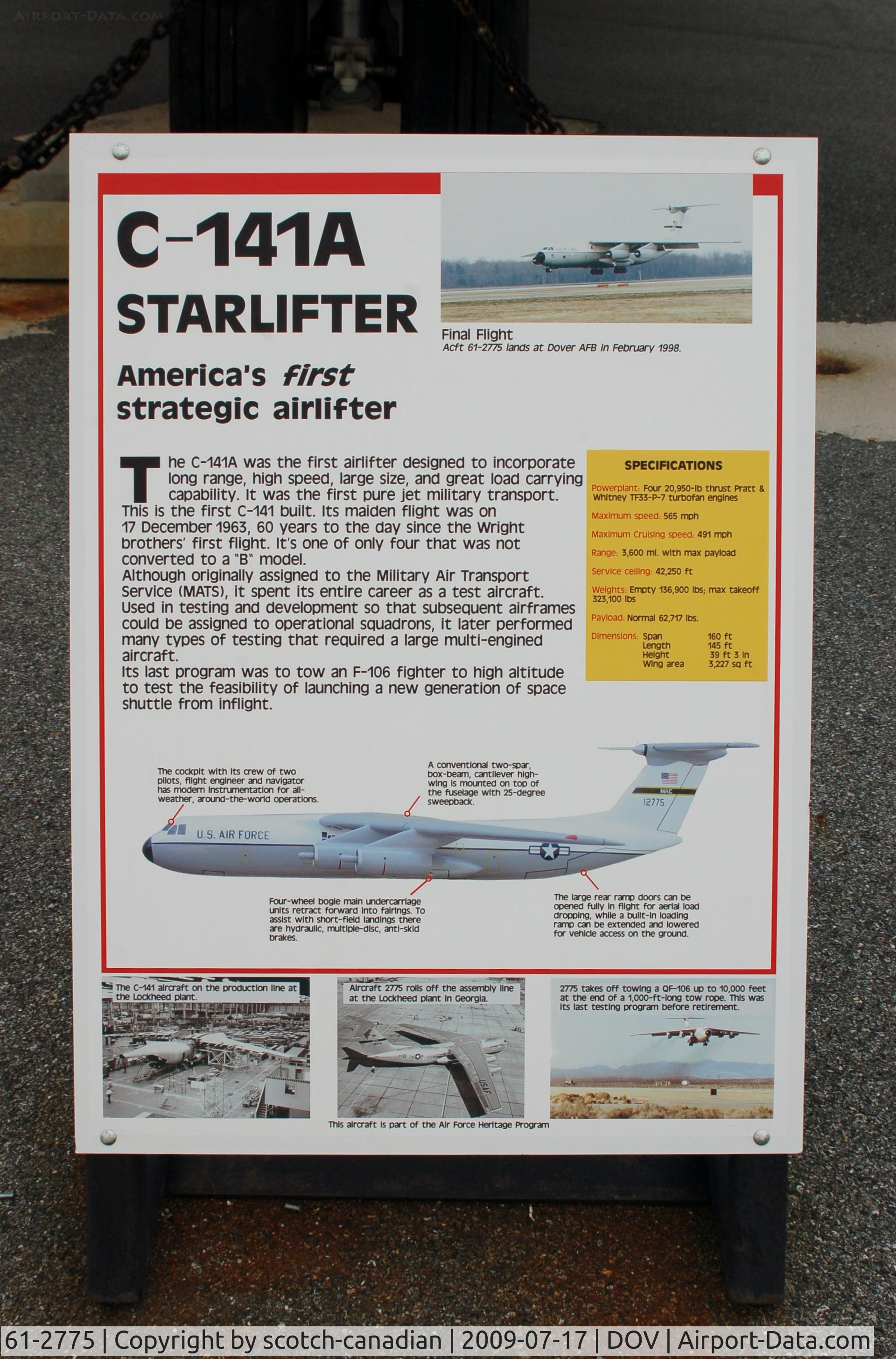 61-2775, 1963 Lockheed NC-141A Starlifter C/N 300-6001, Information Plaque for the 1961 Lockheed C-141A Starlifter at the Air Mobility Command Museum, Dover AFB, DE