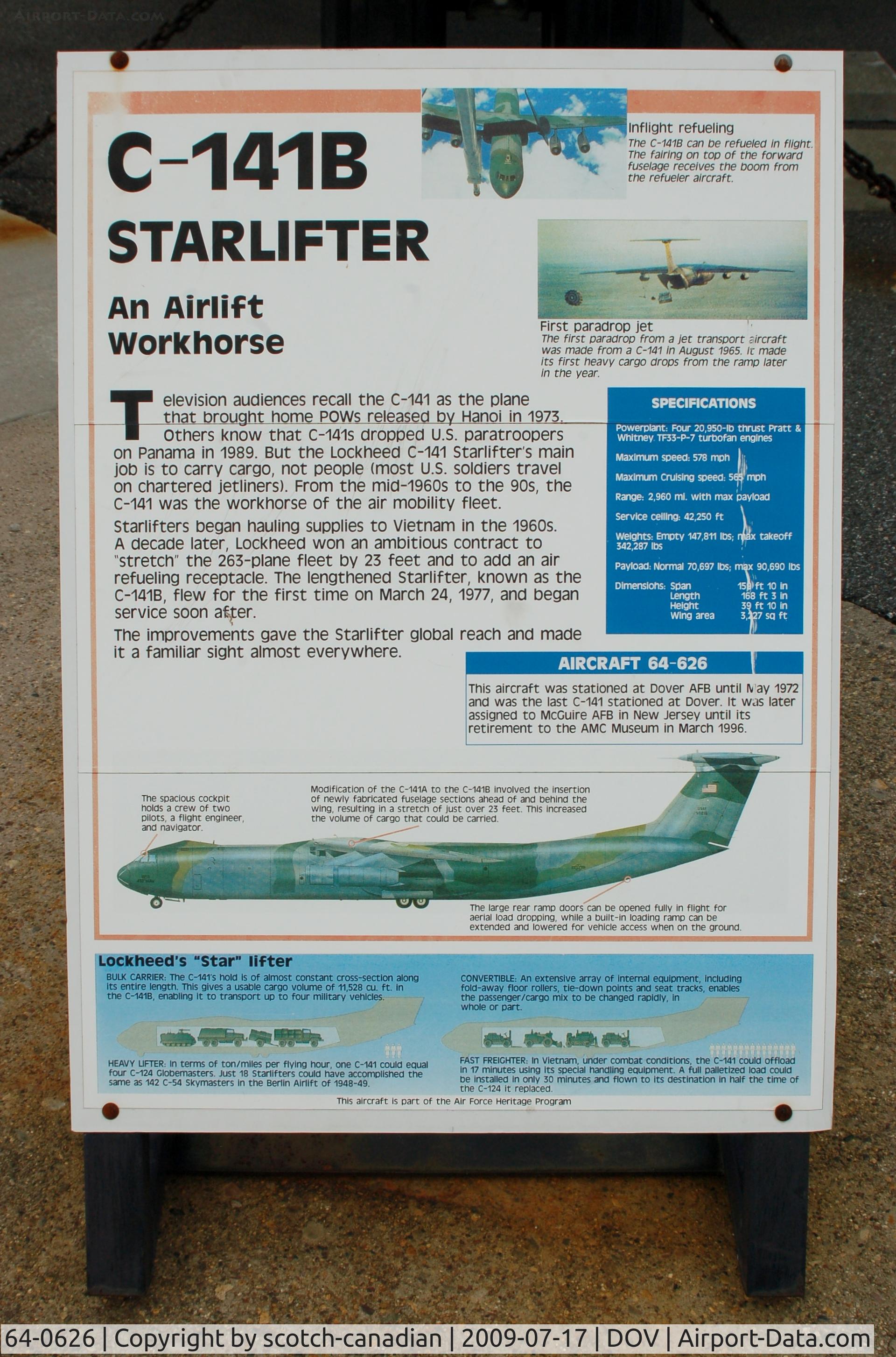 64-0626, 1964 Lockheed C-141B Starlifter C/N 300-6039, Information Plaque for the 1964 Lockheed C-141B Starlifter at the Air Mobility Command Museum, Dover AFB, DE