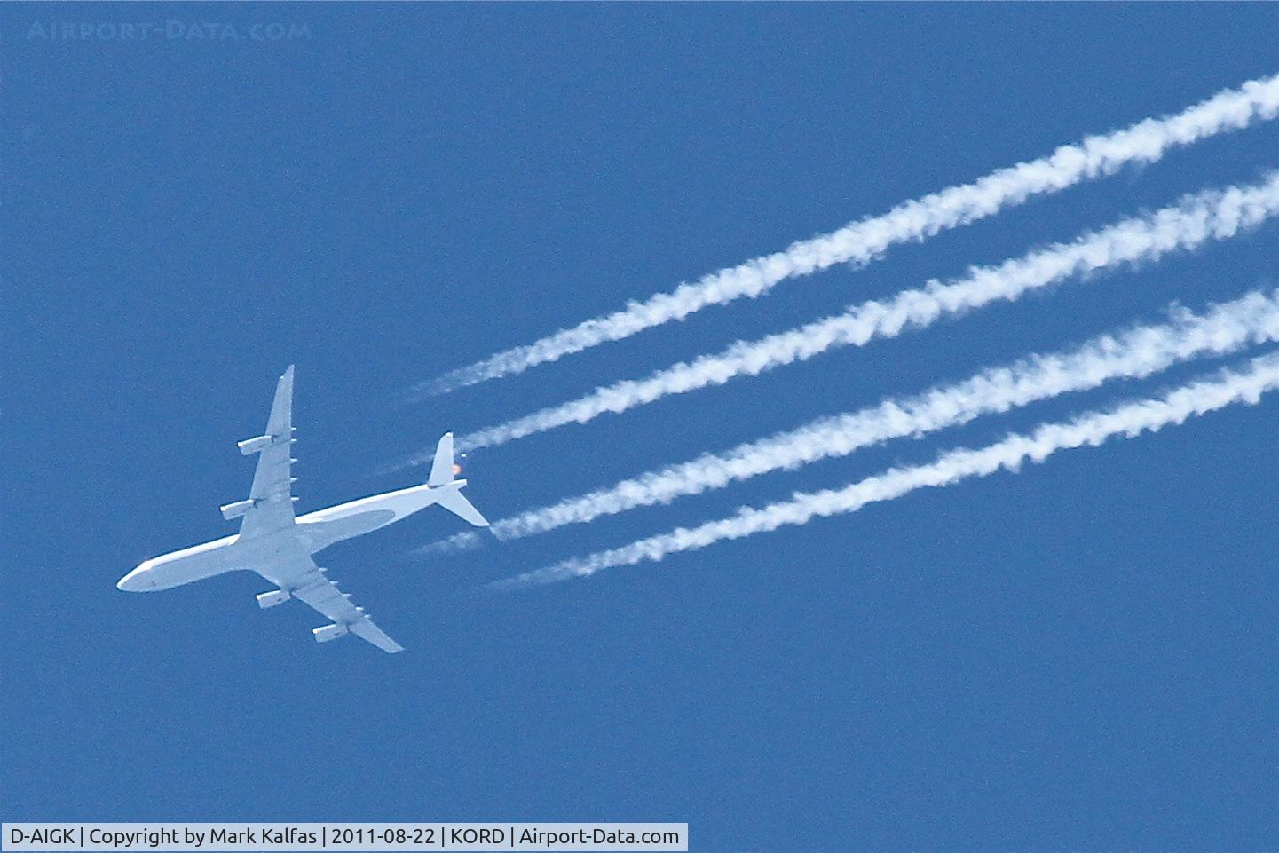D-AIGK, 1994 Airbus A340-311 C/N 056, Lufthansa Airbus A340-311, DLH438 at 38,000' on a 218° heading at 469 knots, enroute from EDDF to KDFW.