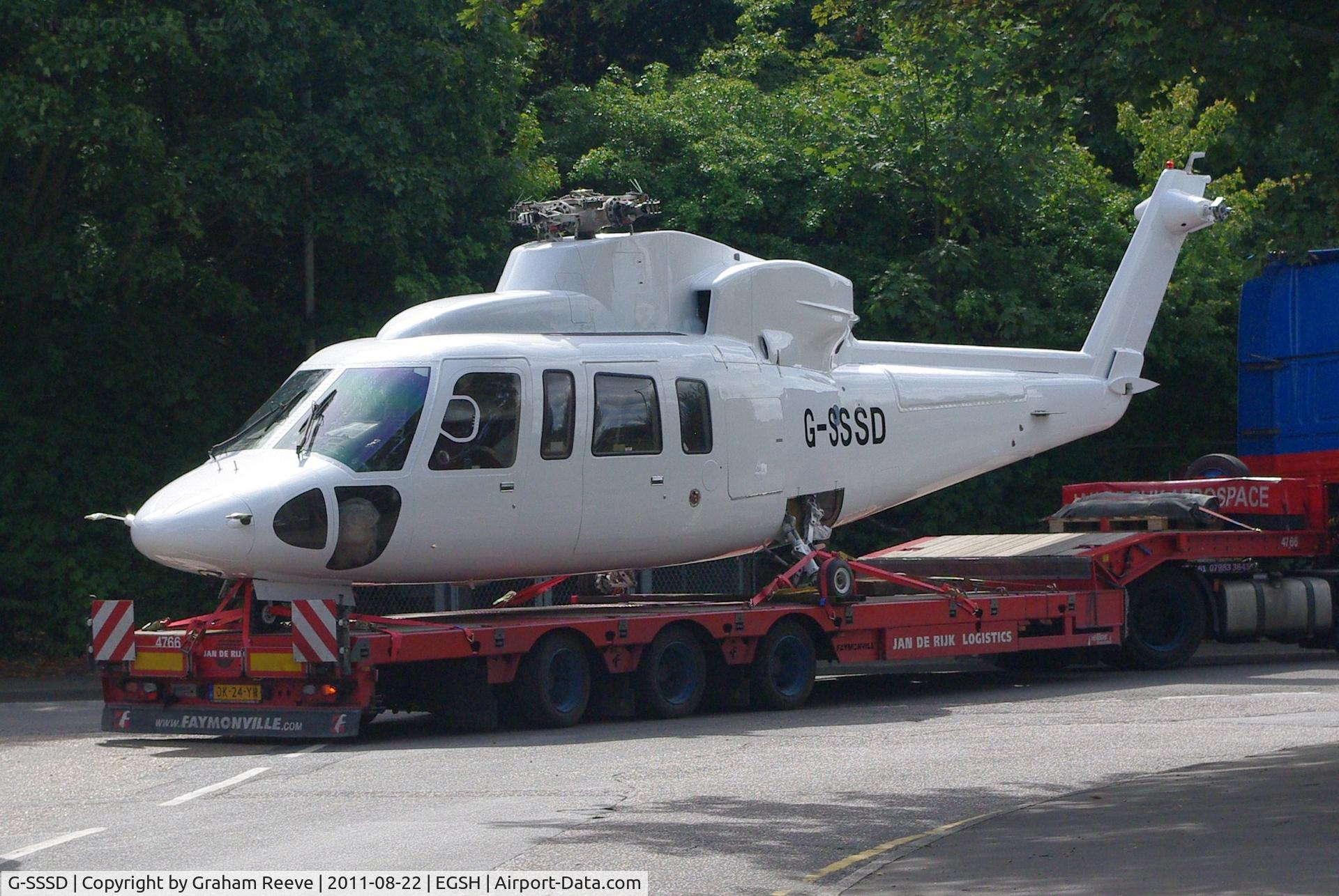 G-SSSD, 1993 Sikorsky S-76C C/N 760415, After a respray, departing Norwich by road.