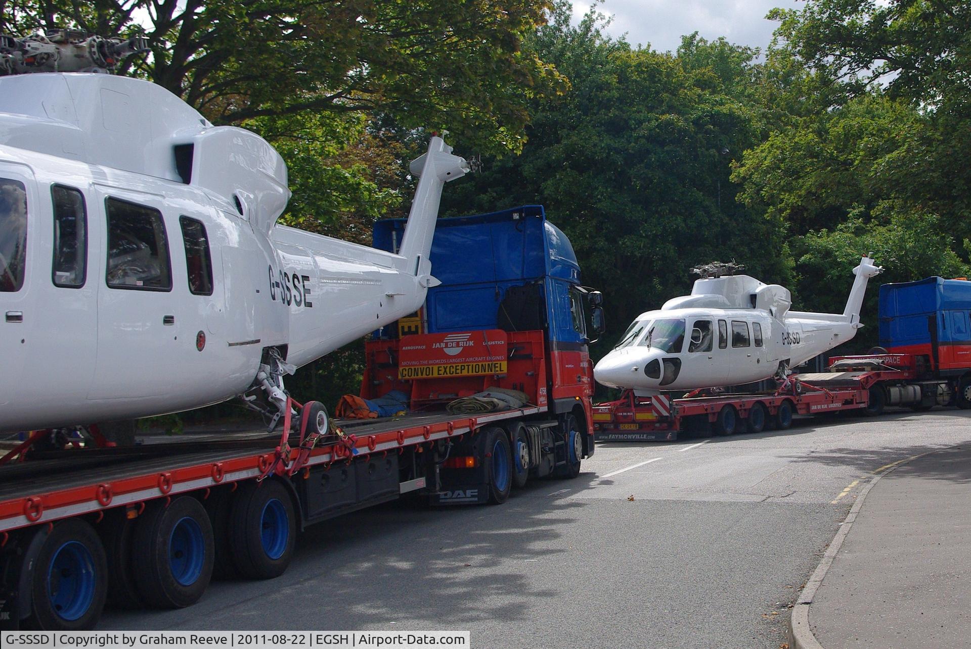 G-SSSD, 1993 Sikorsky S-76C C/N 760415, Departing by road along with G-SSSE.