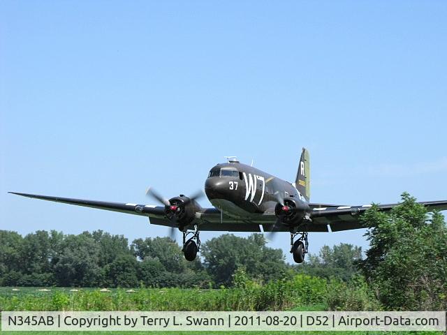N345AB, 1943 Douglas DC3C-S1C3G (C-47A) C/N 13803, W7 landing at Geneseo after a short flight.