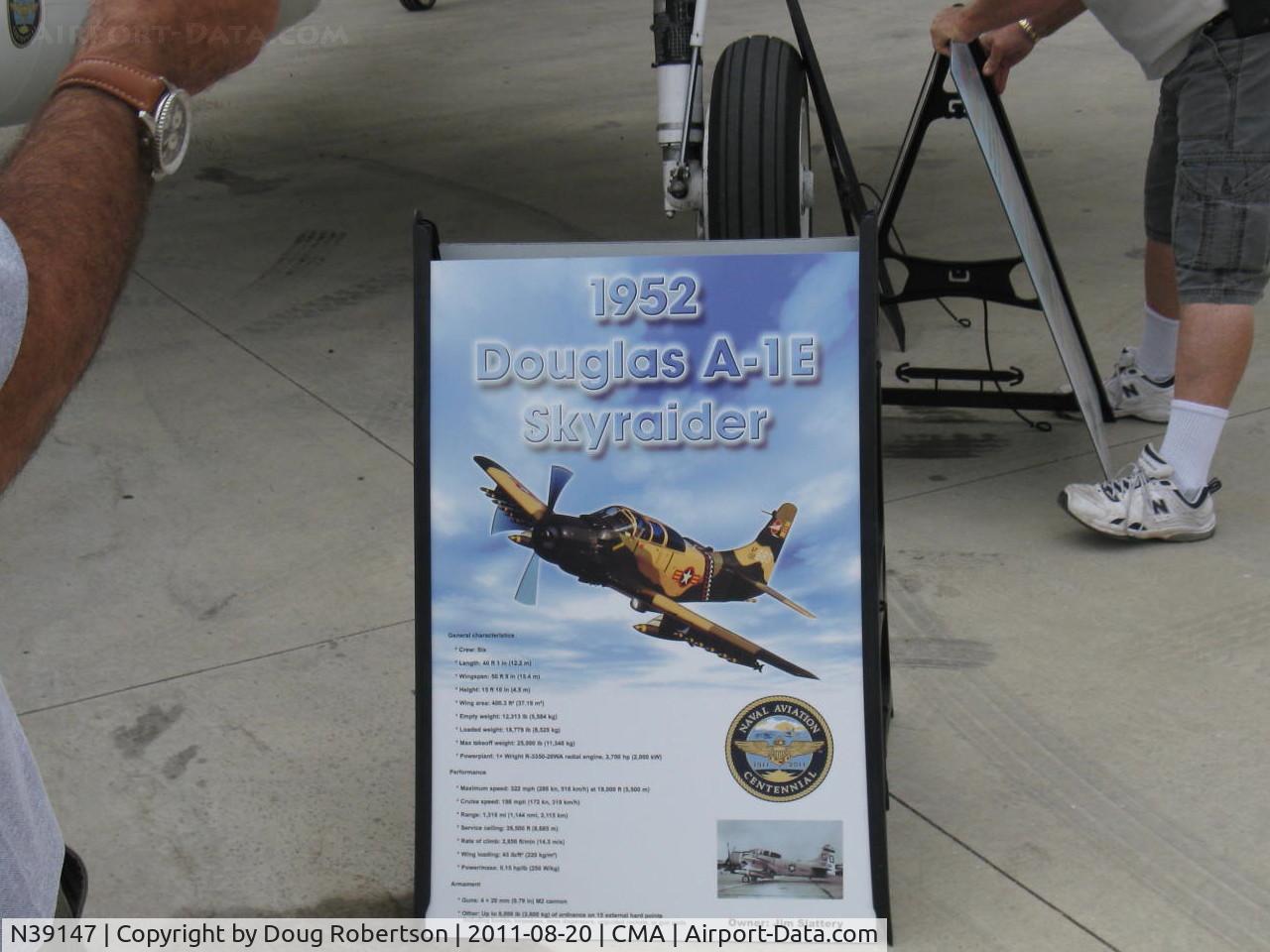 N39147, Douglas AD-5 (A-1E) Skyraider C/N 9540, 1952 Douglas AD-5 (A-1E) SKYRAIDER, Wright R3350-26W 2,700 Hp, the AD-5 most versatile variant of 7 AD SKYRAIDER models. Data