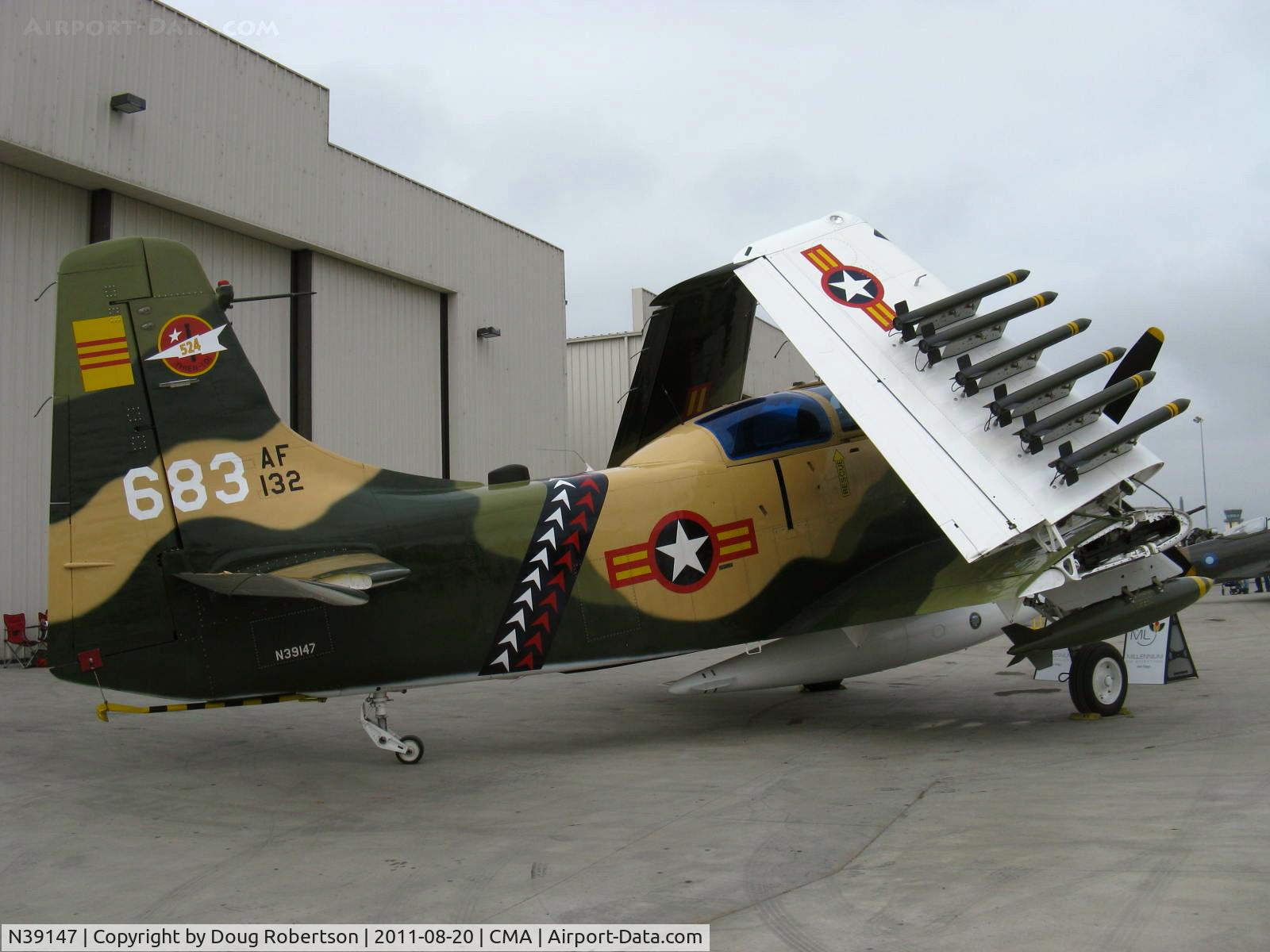 N39147, Douglas AD-5 (A-1E) Skyraider C/N 9540, 1952 Douglas AD-5 (A-1E) SKYRAIDER, Wright R3350-26W 2,700 Hp, SKYRAIDER Variants used by USN, USAF, Royal Navy, France, So. Vietnam, Cambodia & Sweden. Redesignated A-1s in 1962. Originally an USN asset still with tailhook.