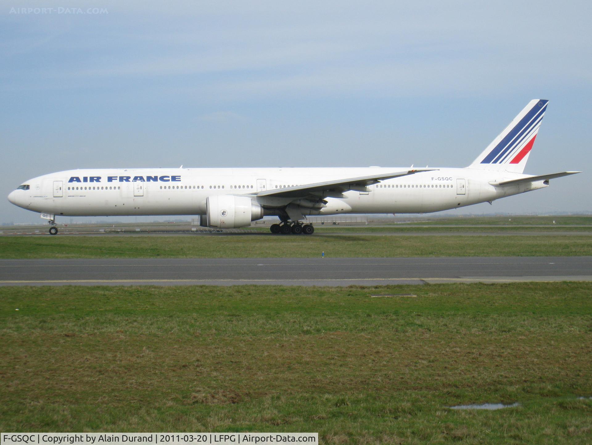 F-GSQC, 2004 Boeing 777-328/ER C/N 32727, Quebec-Charlie is one of 34 stretched 300(ER)s serving the airline, she is seen heading to runway 09R