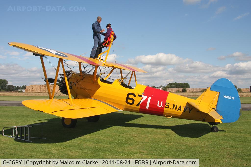 G-CGPY, 1945 Boeing E75N1 C/N 75-5303, Last minute instructions! Boeing A-75L300 Stearman at Breighton Airfield's Summer Fly-In, August 2011