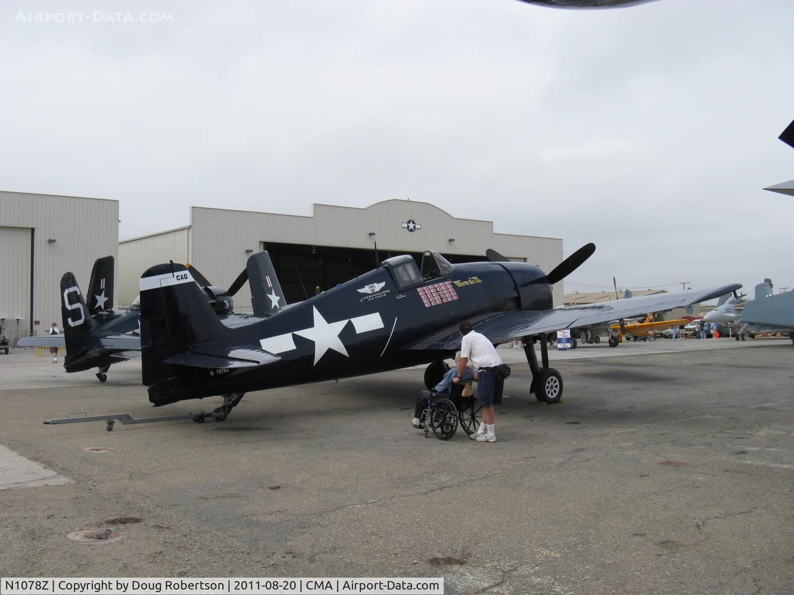 N1078Z, 1963 Grumman F6F-5 Hellcat C/N 27354801-66, 1963 S&S SPECIAL/Grumman F6F-5 HELLCAT 'MINSI III', P&W R2800-10W Double Wasp 2,200 Hp, impressive confirmed kill record, viewed by WWII Veteran USN pilot in wheelchair with son at Wings Over Camarillo 2011 Airshow