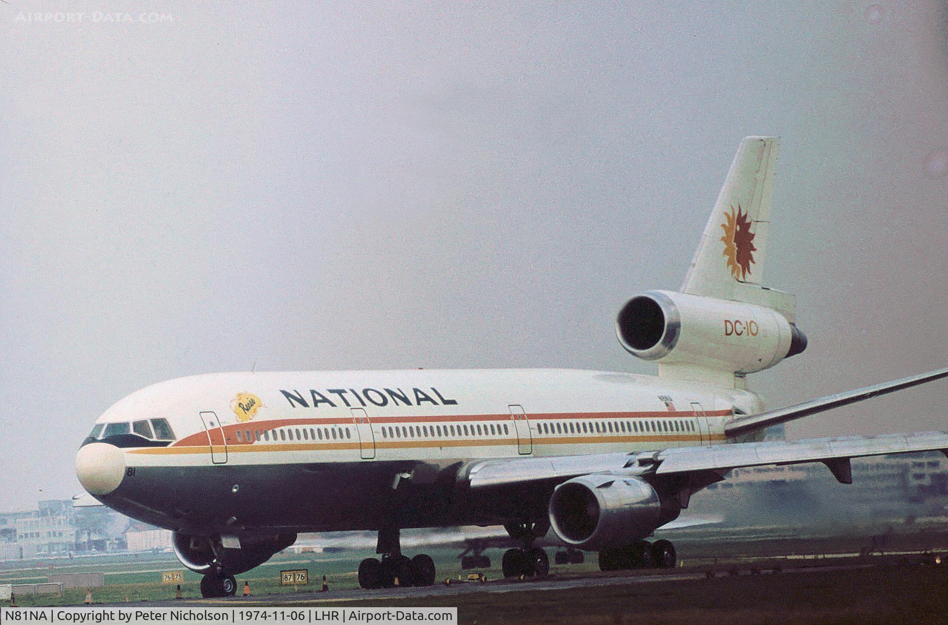 N81NA, 1973 Douglas DC-10-30 C/N 46712, DC-10-30 named Renee of National Airlines joining Runway 27L at Heathrow in November 1974.