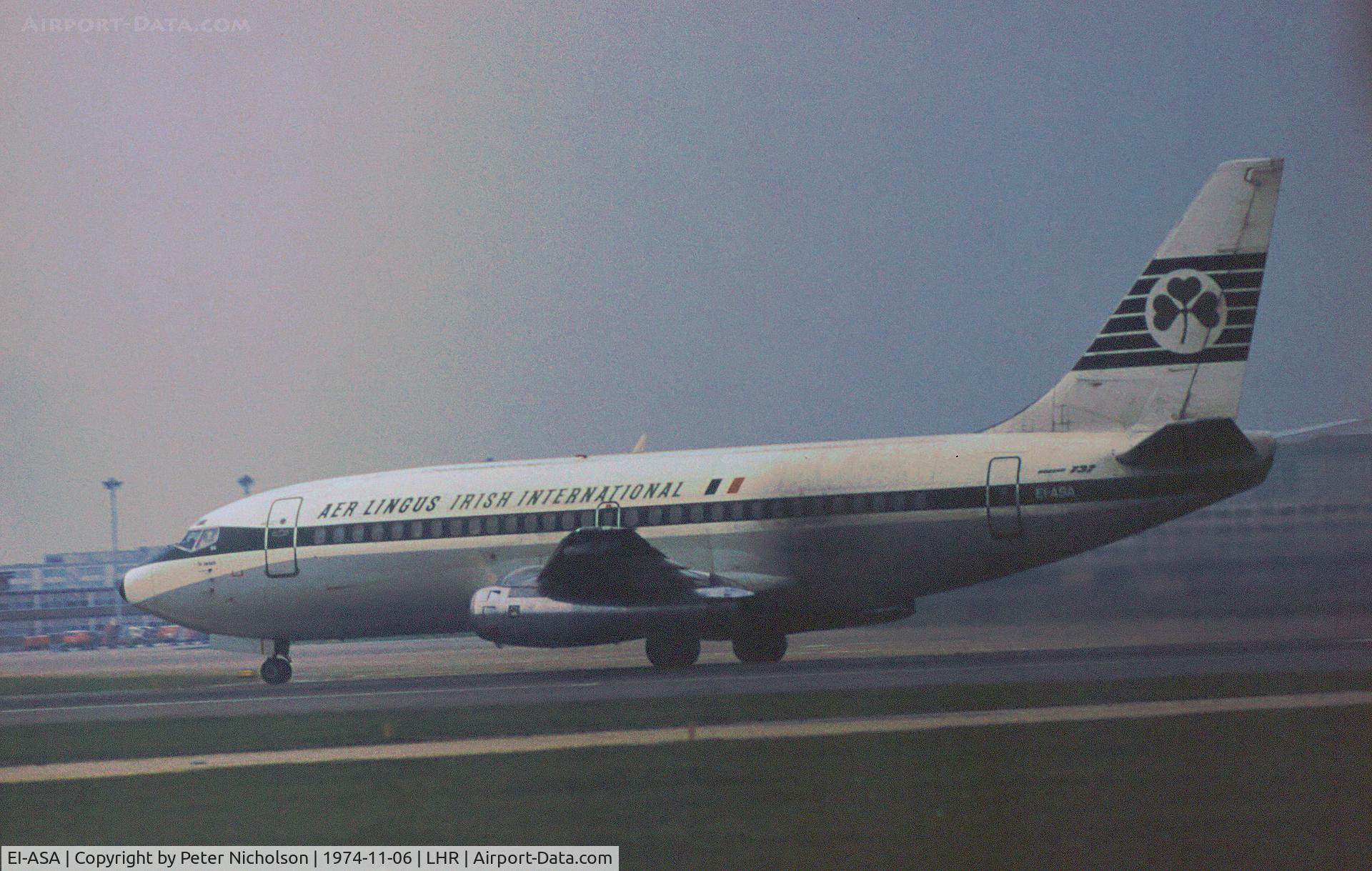 EI-ASA, 1969 Boeing 737-248 C/N 19424, Boeing 737-248 named St. Jarlath of Aer Lingus Irish Airlines preparing for take-off on Runway 27L at Heathrow in November 1974.