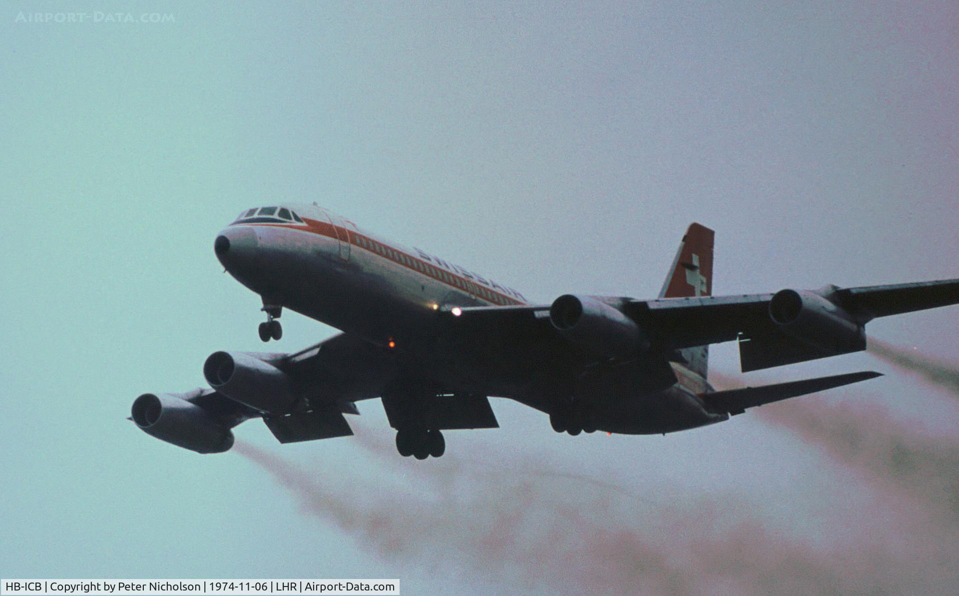 HB-ICB, 1961 Convair CV-990-30A-6 Coronado C/N 30-10-11, CV.990A Coronado named Luzern of Swissair on final approach to Heathrow in November 1974.