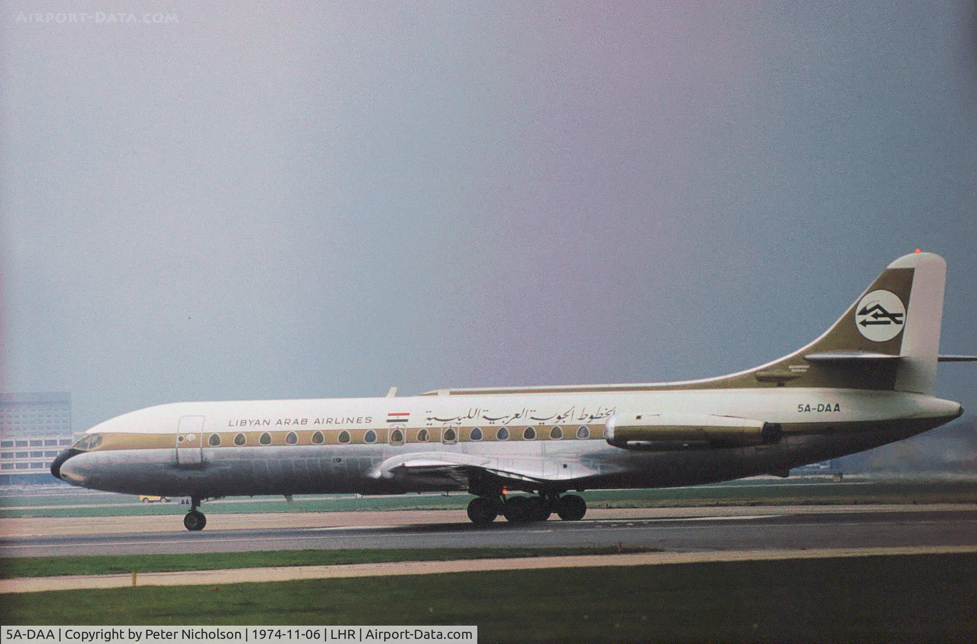 5A-DAA, 1963 Sud Aviation SE-210 Caravelle VI-R C/N 158, Caravelle VI-R of Libyan Arab Airlines preparing for take-off on Runway 27L at Heathrow in November 1974.