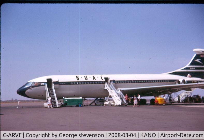 G-ARVF, 1963 Vickers VC10 Srs 1101 C/N 808, At Kano Nigeria April 1964 during route proving flight.
Believed to be last proving flight before service.