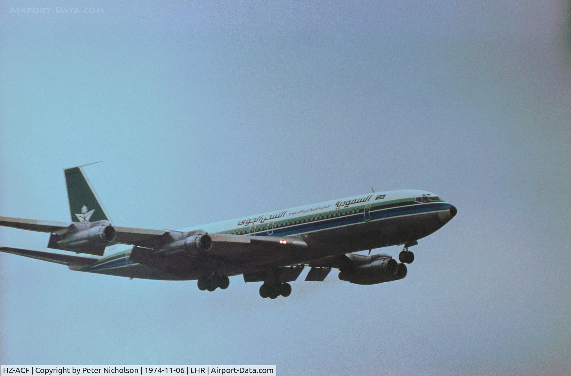HZ-ACF, 1963 Boeing 707-373C C/N 18583, Boeing 707-373C of Saudi Arabian Airlines on final approach to Heathrow in November 1974.