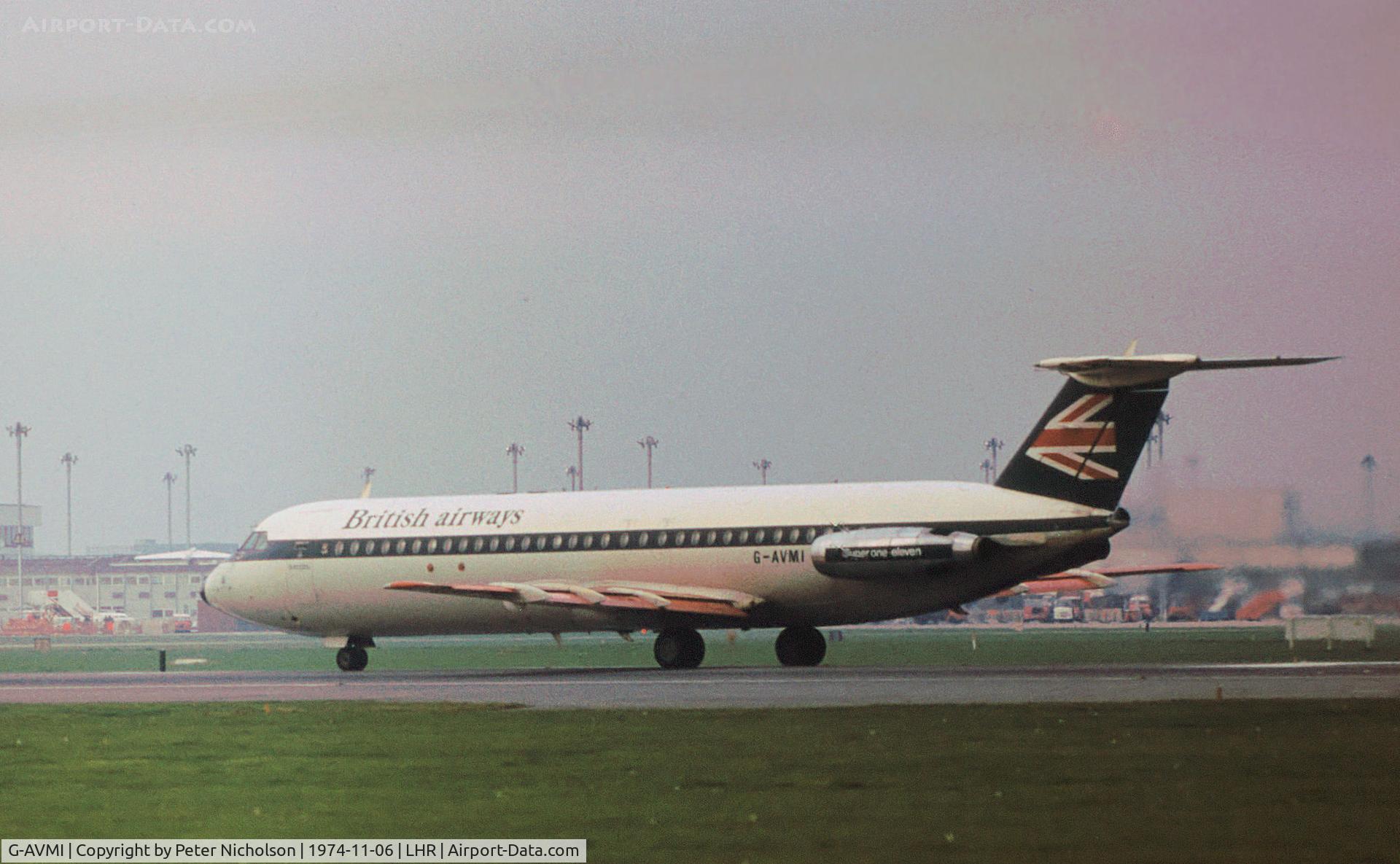 G-AVMI, 1968 BAC 111-510ED One-Eleven C/N BAC.137, British Airways One Eleven preparing for take-off on Runway 27L at Heathrow in November 1974.