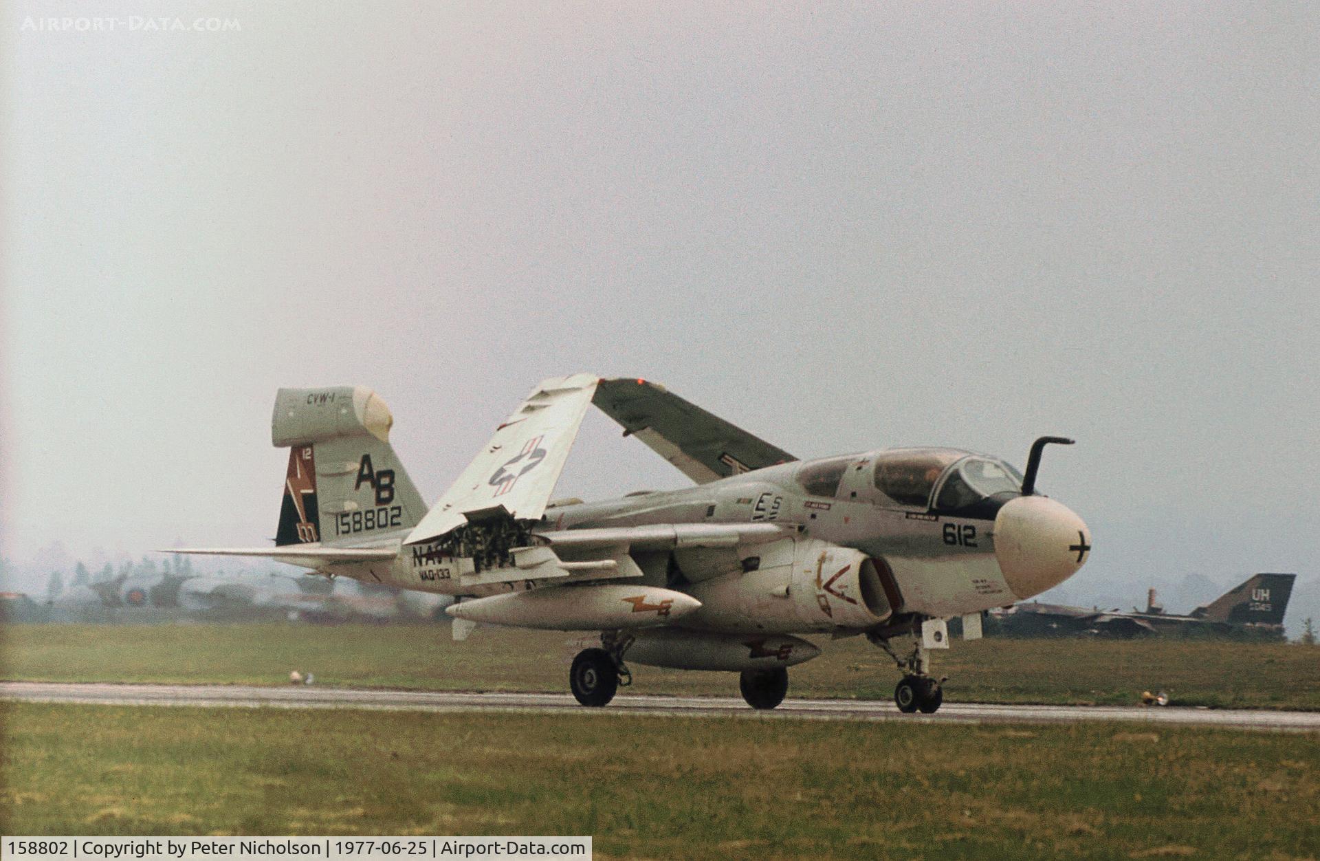 158802, Grumman EA-6B Prowler C/N P-32, EA-6B Prowler of VAQ-133 taxying at the 1977 International Air Tattoo at RAF Greenham Common.