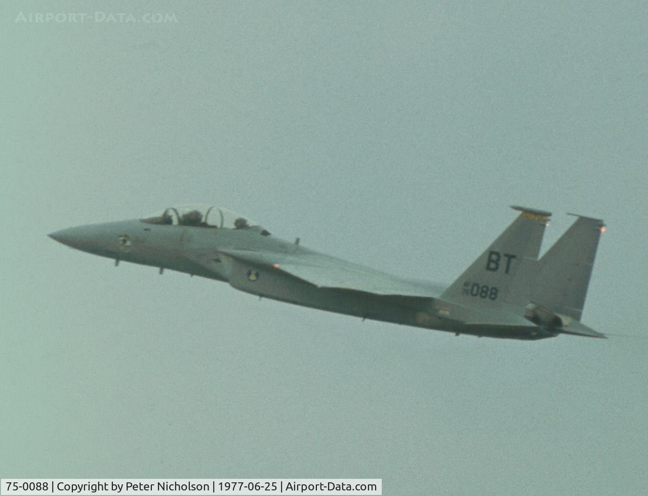 75-0088, 1975 McDonnell Douglas F-15B Eagle C/N 0171/B024, Then known as an TF-15A Eagle, this Eagle of the 53rd Tactical Fighter Squadron/36th Tactical Fighter Wing at Bitburg was demonstrated at the 1977 International Air Tattoo at RAF Greenham Common.